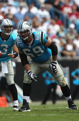 CHARLOTTE, NC - OCTOBER 24:  Jordan Gross #69 of the Carolina Panthers against the San Francisco 49ers during their game at Bank of America Stadium on October 24, 2010 in Charlotte, North Carolina.  (Photo by Streeter Lecka/Getty Images)
