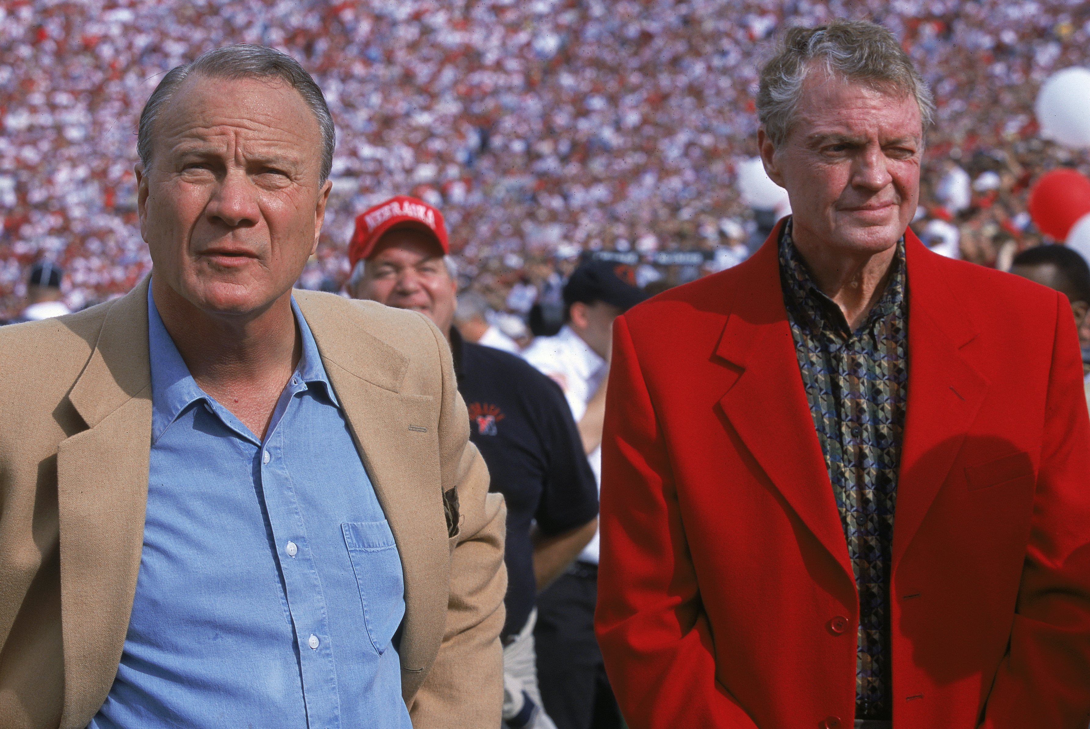 28 Oct 2000:  (L-R) Former Head Coach Barry Switzer of the Oklahoma Sooners stands with the Former Head Coach Tom Osborne of the Nebraska Cornhuskers during the game at the Oklahoma Memorial Stadium in Norman, Oklahoma. The Sooners defeated the Cornhusker