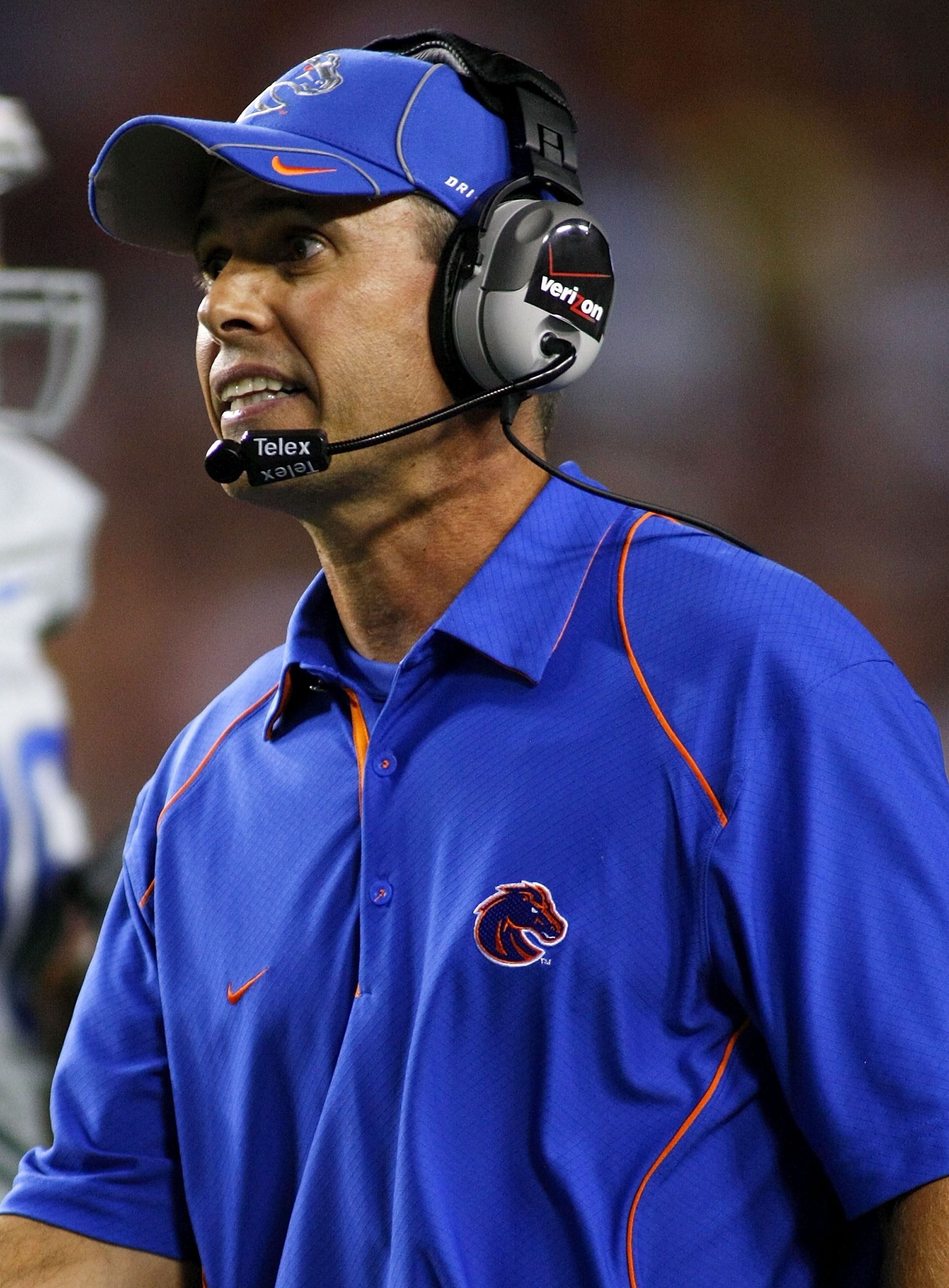 LANDOVER, MD - SEPTEMBER 06:  Boise State Broncos head coach Chris Petersen watches from the sidelines against the Virginia Tech Hokies at FedExField on September 6, 2010 in Landover, Maryland.  (Photo by Geoff Burke/Getty Images)
