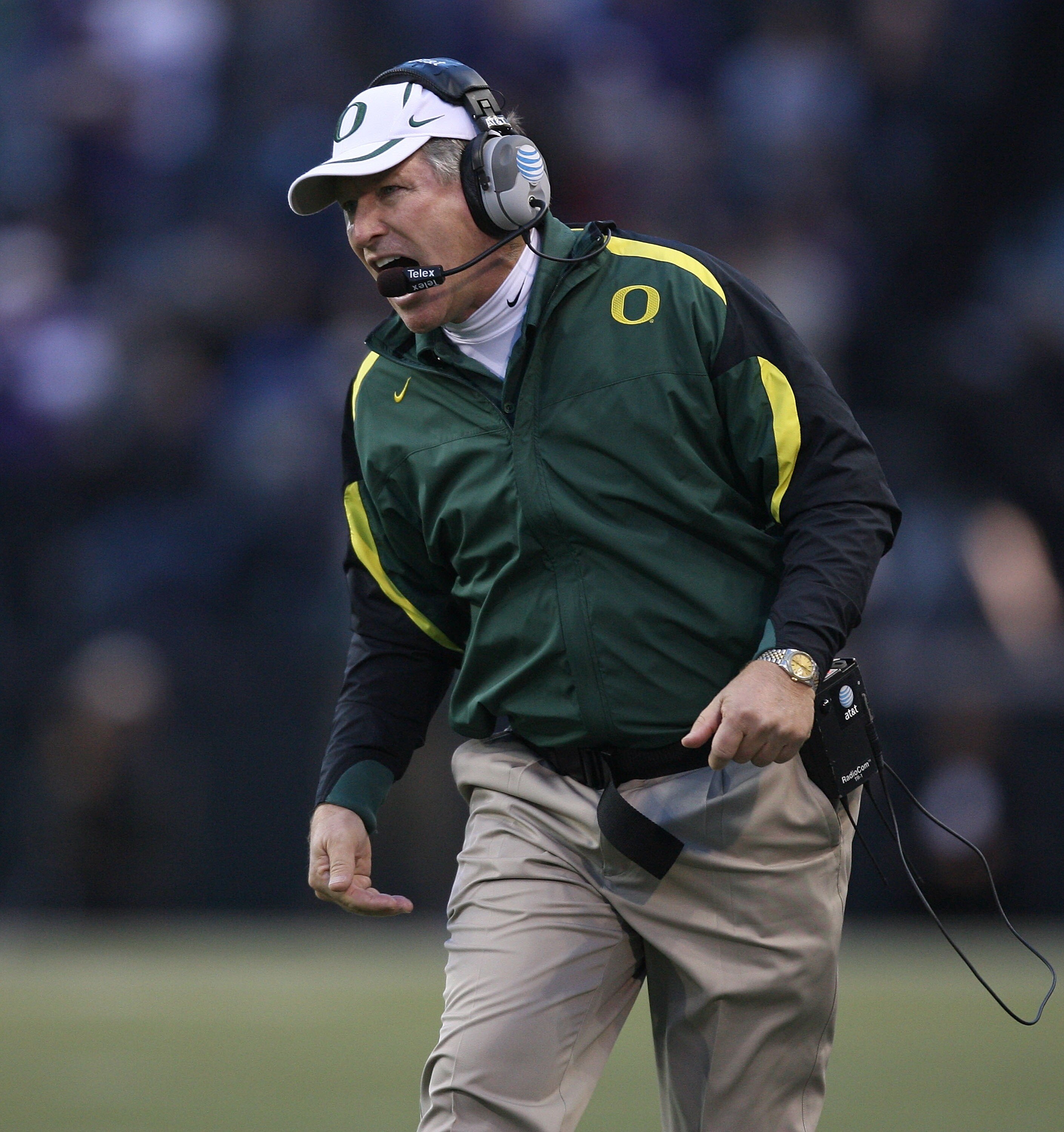 SEATTLE - OCTOBER 20:  Head coach Mike Bellotti of the Oregon Ducks yells from the sidelines during the game against the Washington Huskies at Husky Stadium on October 20, 2007 in Seattle, Washington. The Ducks defeated the Huskies 55-34. (Photo by Otto G