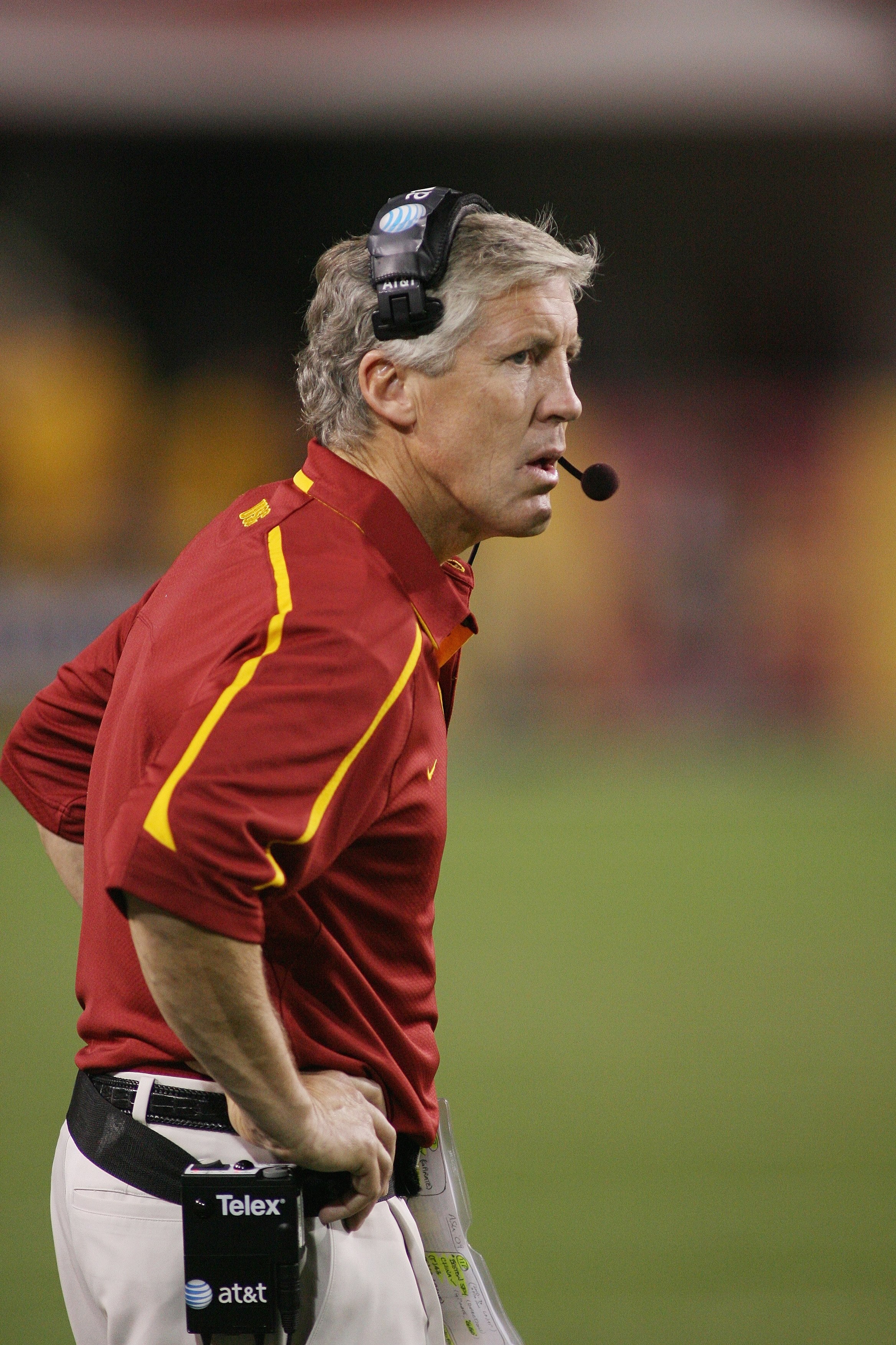 TEMPE, AZ - NOVEMBER 7:  Head coach Pete Carroll of the USC Trojans stands on the sideline against the Arizona State Sun Devils on November 7, 2009 at Sun Devil Stadium in Tempe, Arizona.  USC won 14-9.  (Photo by Jeff Golden/Getty Images)