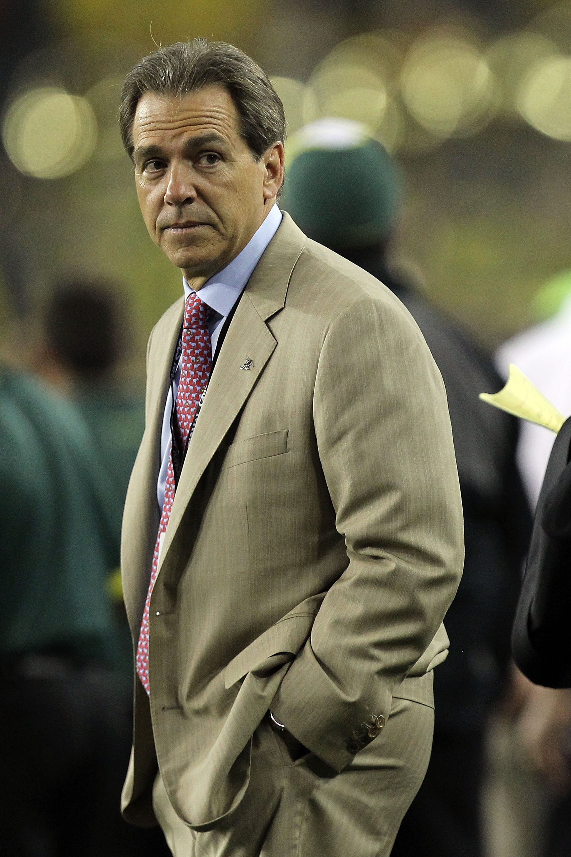 GLENDALE, AZ - JANUARY 10:  Head coach Nick Saban of the Alabama Crimson Tide looks on from the sideline during the Tostitos BCS National Championship Game at University of Phoenix Stadium on January 10, 2011 in Glendale, Arizona.  (Photo by Ronald Martin