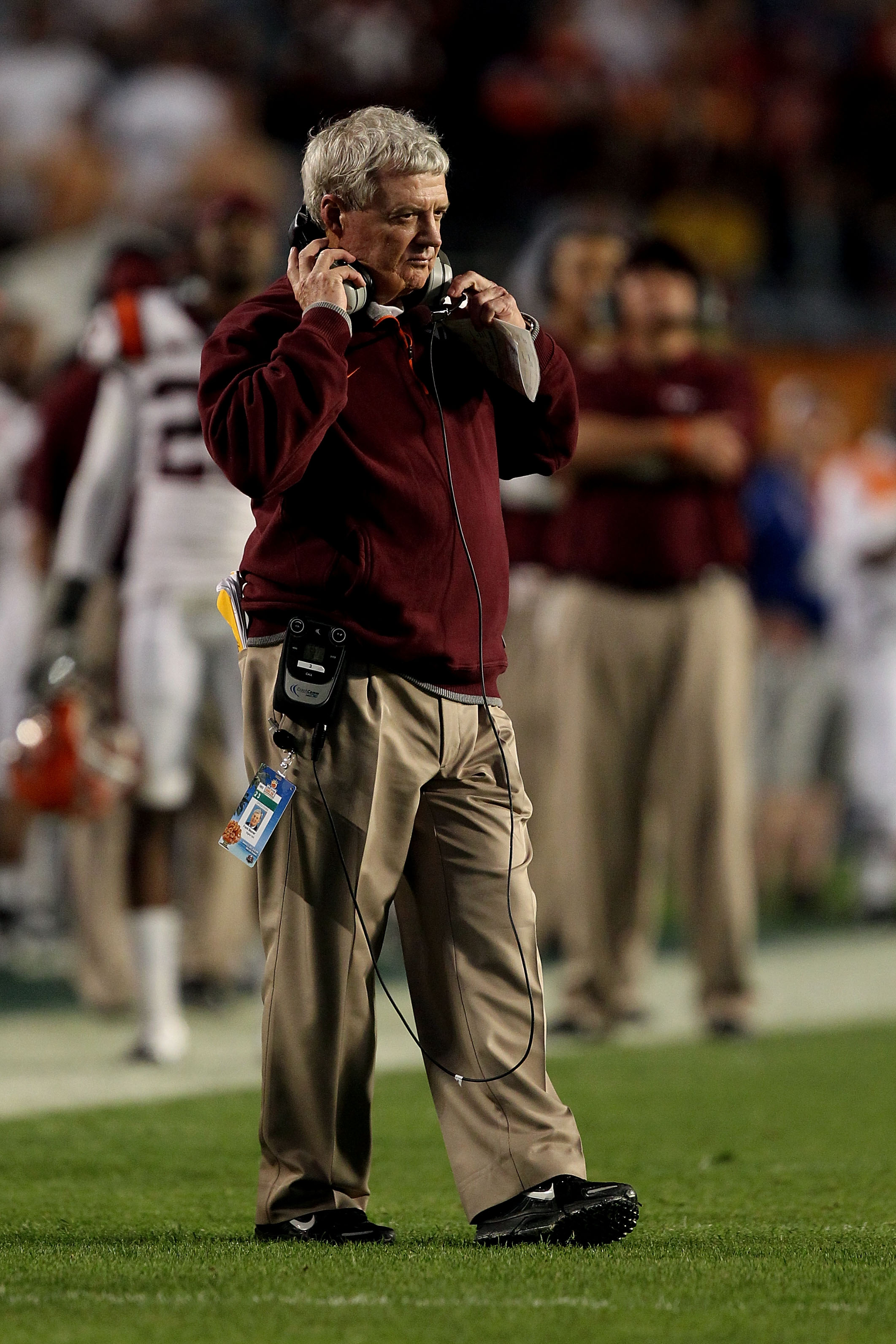 MIAMI, FL - JANUARY 03: Head coach Frank Beamer of the Virginia Tech Hokies looks on against the Stanford Cardinal during the 2011 Discover Orange Bowl at Sun Life Stadium on January 3, 2011 in Miami, Florida. Stanford won 40-12. (Photo by Streeter Lecka/