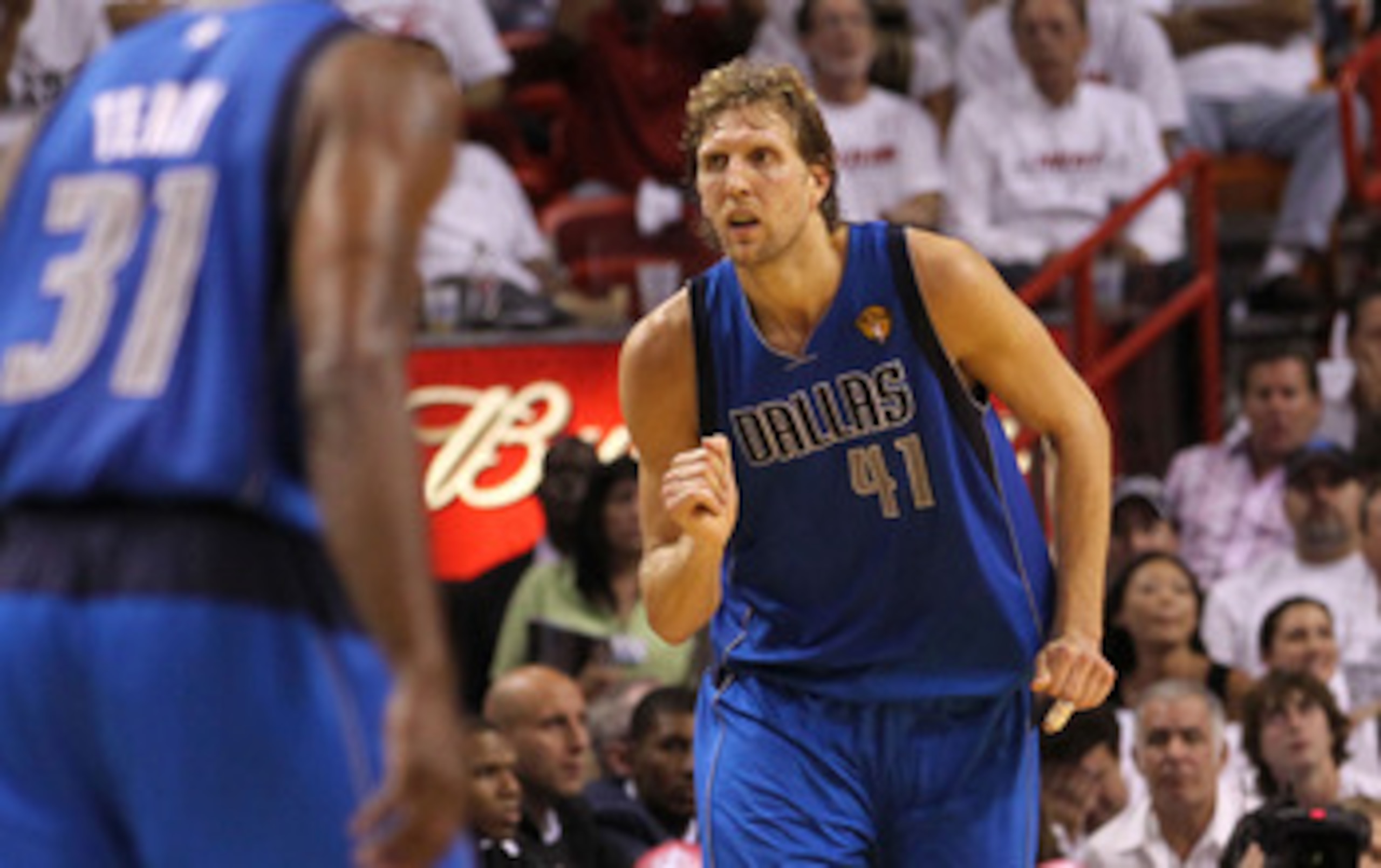 MIAMI, FL - JUNE 02:  Dirk Nowitzki #41 of the Dallas Mavericks reacts against the Miami Heat in Game Two of the 2011 NBA Finals at American Airlines Arena on June 2, 2011 in Miami, Florida. THe Mavericks won 95-93. NOTE TO USER: User expressly acknowledg