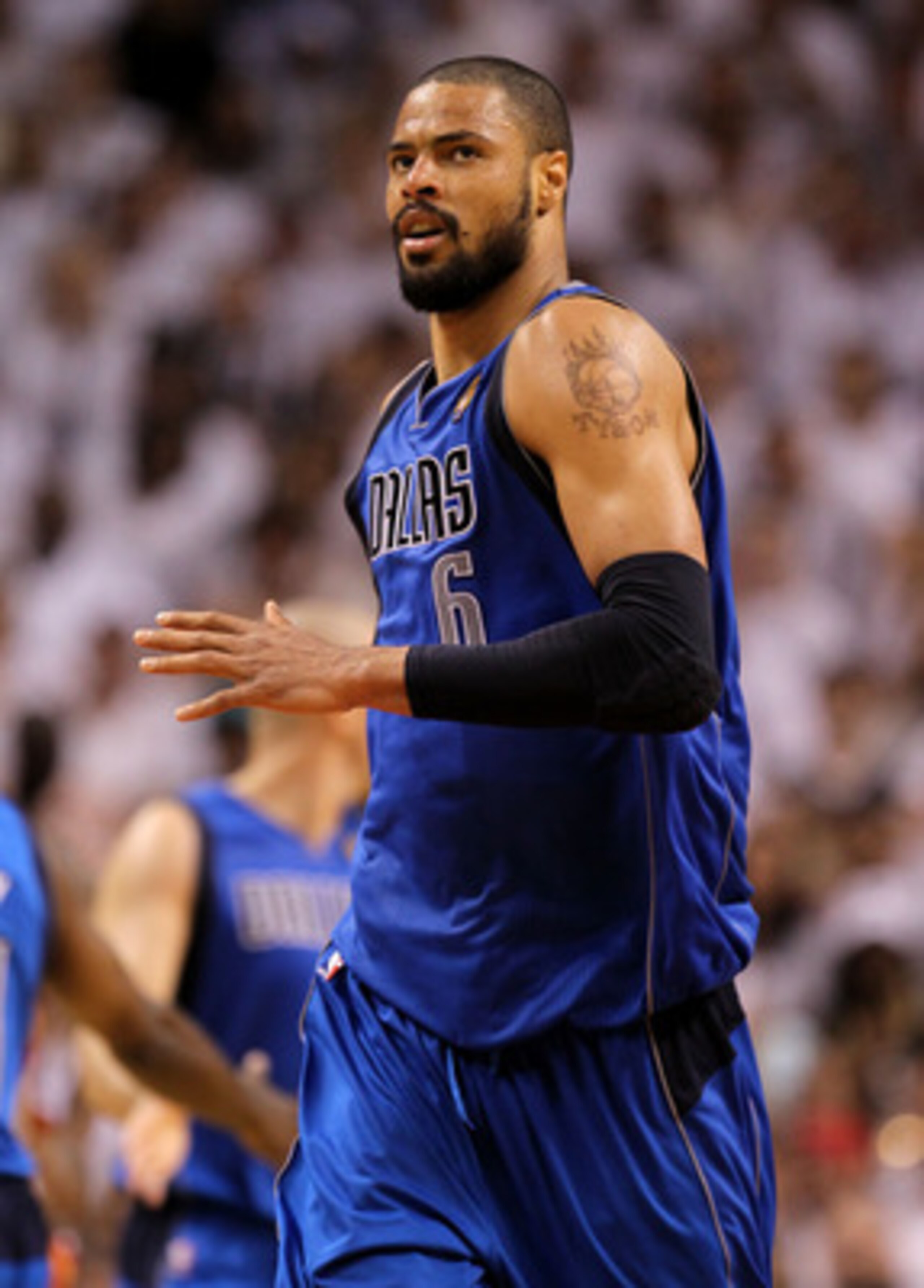 MIAMI, FL - JUNE 02:  Tyson Chandler #6 of the Dallas Mavericks reacts in the third quarter while taking on the Miami Heat in Game Two of the 2011 NBA Finals at American Airlines Arena on June 2, 2011 in Miami, Florida. NOTE TO USER: User expressly acknow