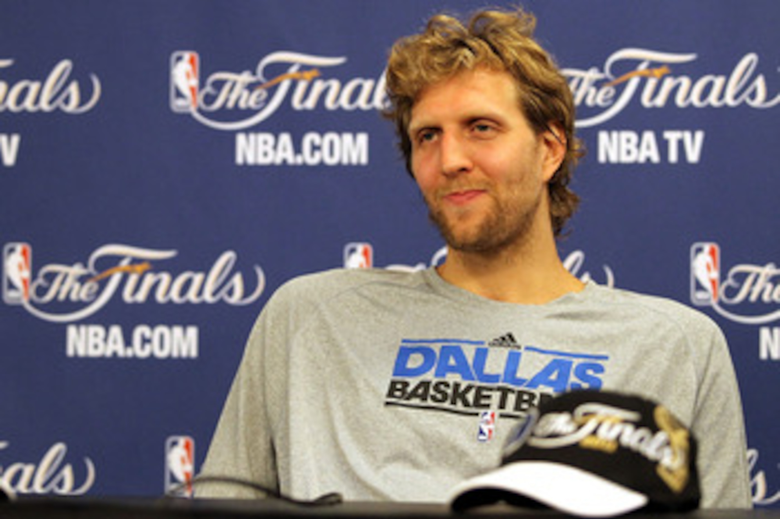 DALLAS, TX - JUNE 04:  Dirk Nowitzki #41 of the Dallas Mavericks answers questions from the press at a media avaiablity session prior to Game 3 of the 2011 NBA Finals at the American Airlines Center on June 4, 2011 in Dallas, Texas. NOTE TO USER: User exp