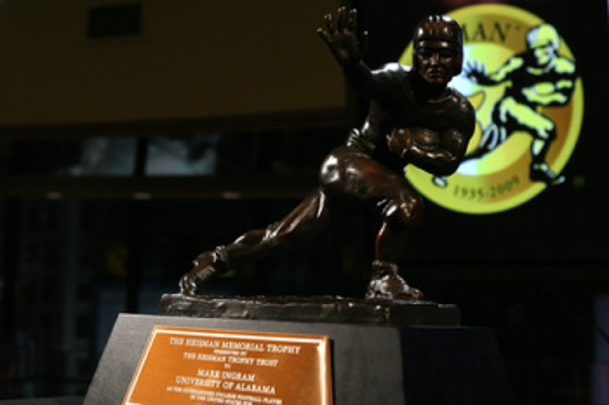 NEW YORK - DECEMBER 12: The Heisman trophy awarded to Running back Mark Ingram #22 of the Alabama Crimson Tide at a press conference after  he was named the 75th Heisman Trophy winner at the Marriott Marquis on December 12, 2009 in New York City.  (Photo