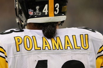 ARLINGTON, TX - FEBRUARY 06: Troy Polamalu #43 of the Pittsburgh Steelers stands on the field before Super Bowl XLV at Cowboys Stadium on February 6, 2011 in Arlington, Texas.  (Photo by Al Bello/Getty Images)