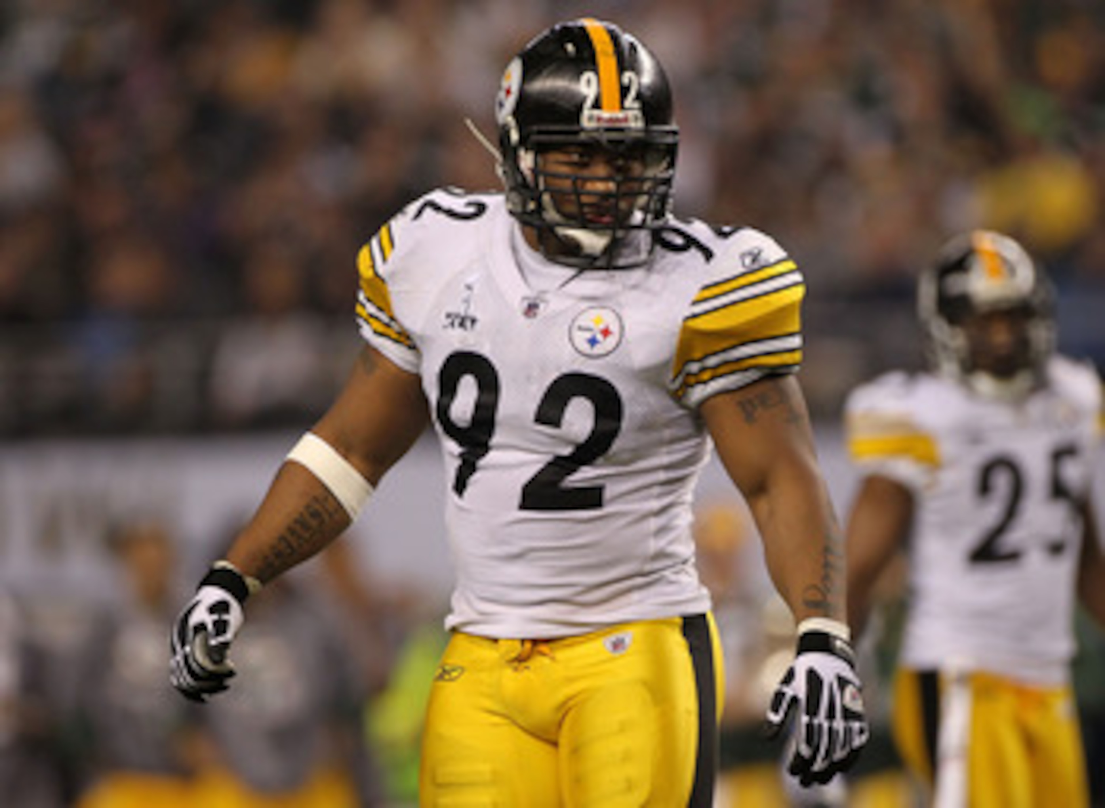 ARLINGTON, TX - FEBRUARY 06:  James Harrison #92 of the Pittsburgh Steelers looks on as the Steelers take on the Green Bay Packers during Super Bowl XLV at Cowboys Stadium on February 6, 2011 in Arlington, Texas.  (Photo by Doug Pensinger/Getty Images)