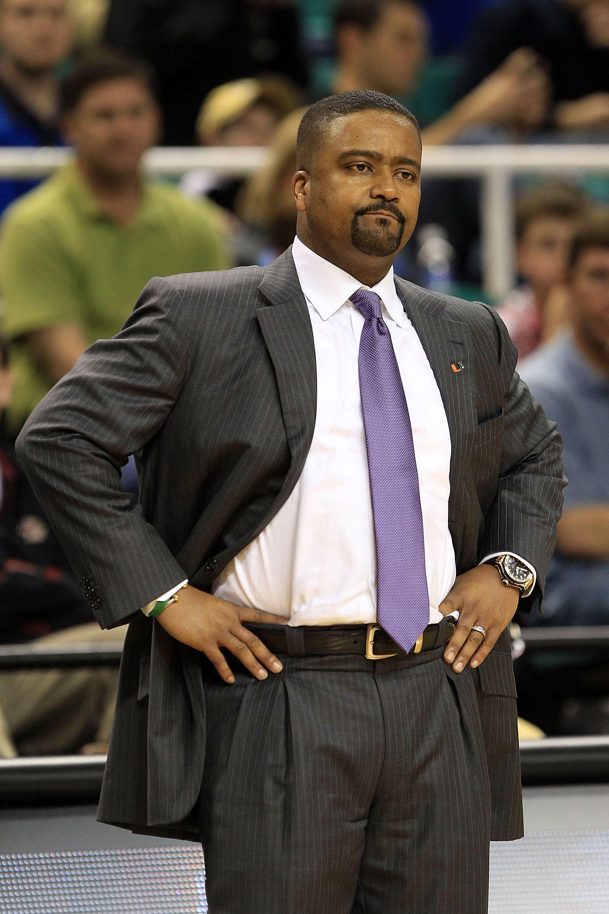 GREENSBORO, NC - MARCH 10:  Head coach Frank Haith of the Miami Hurricanes looks on during the game against the Virginia Cavaliers during the first round of the 2011 ACC men's basketball tournament at the Greensboro Coliseum on March 10, 2011 in Greensbor