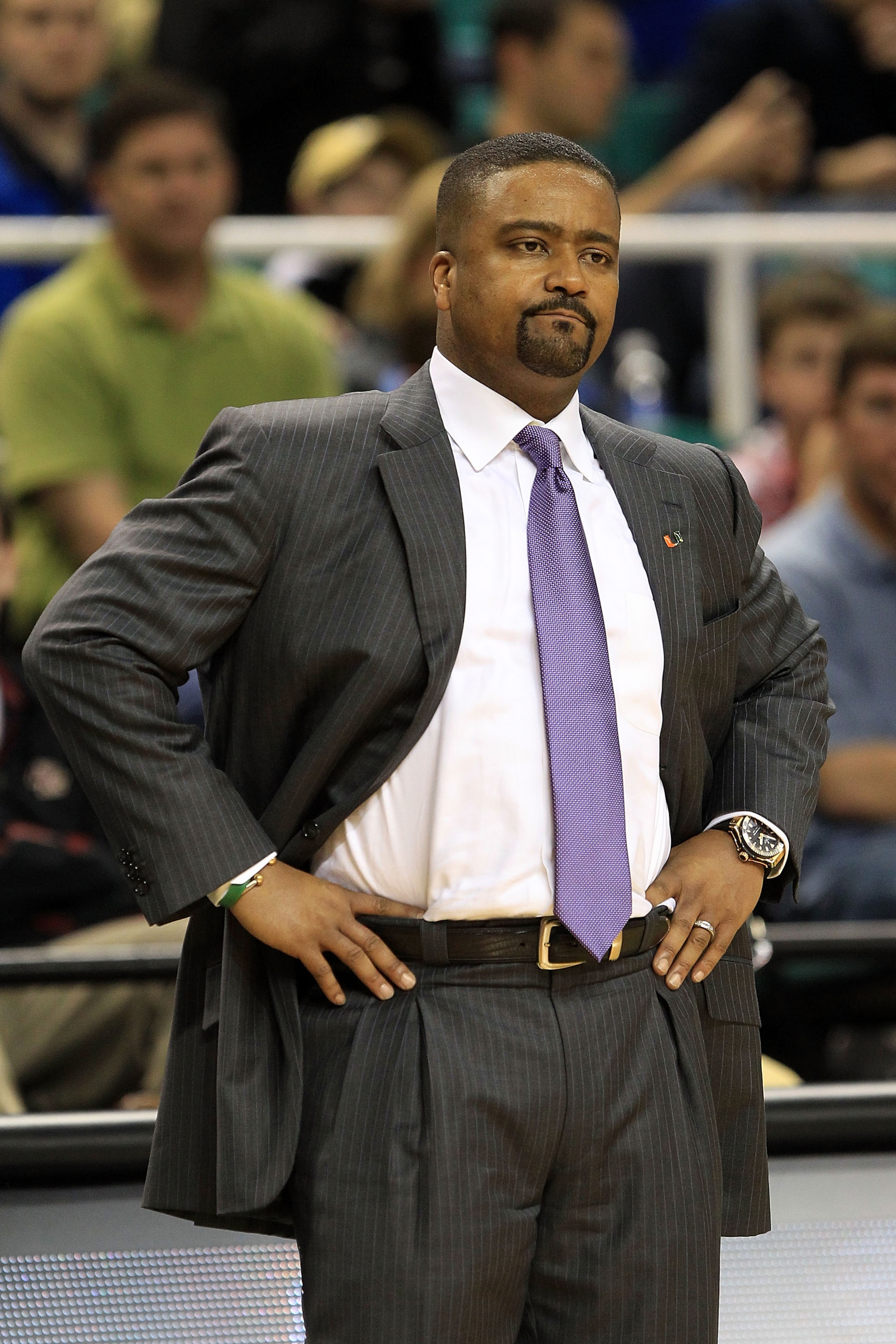 GREENSBORO, NC - MARCH 10:  Head coach Frank Haith of the Miami Hurricanes looks on during the game against the Virginia Cavaliers during the first round of the 2011 ACC men's basketball tournament at the Greensboro Coliseum on March 10, 2011 in Greensbor