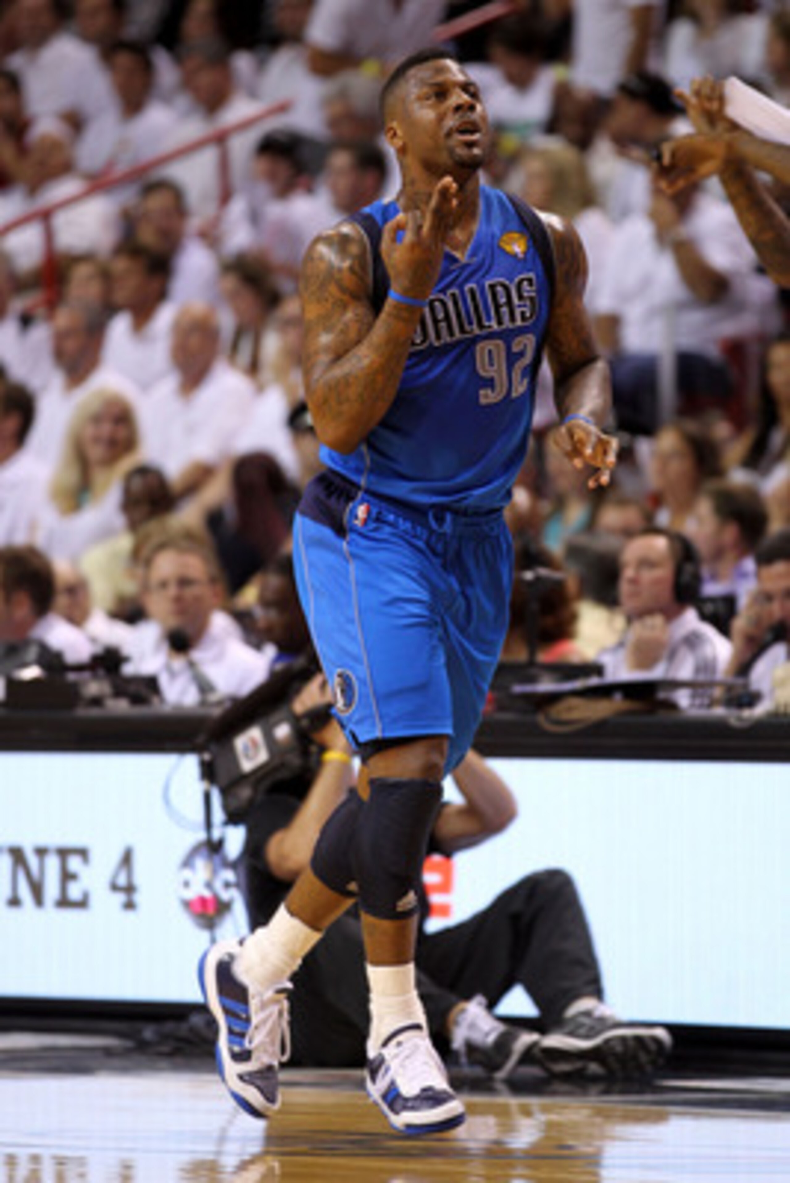 MIAMI, FL - JUNE 02:  DeShawn Stevenson #92 of the Dallas Mavericks reacts after making a three-pointer in the first quarter while taking on the Miami Heat in Game Two of the 2011 NBA Finals at American Airlines Arena on June 2, 2011 in Miami, Florida. NO