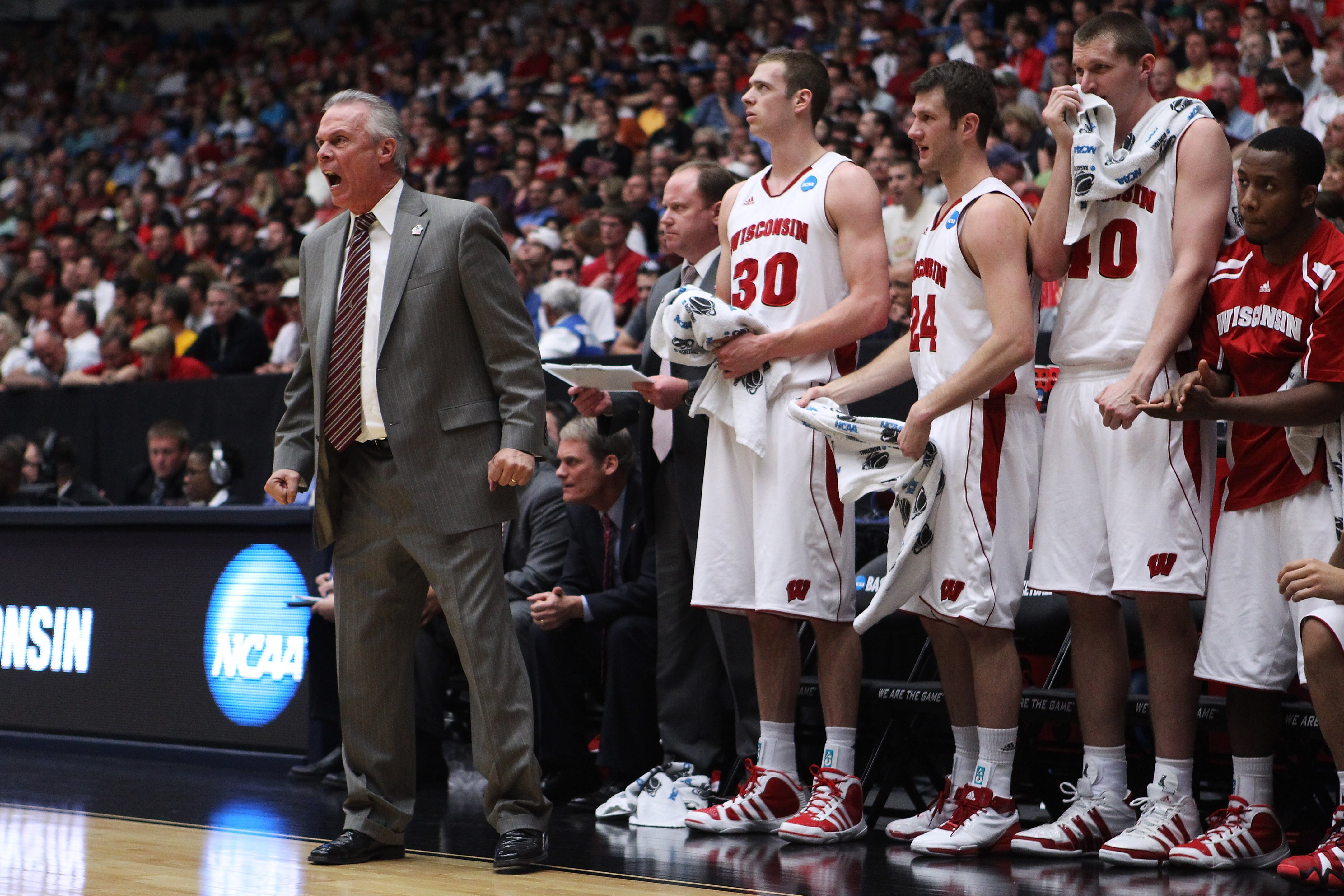 TUCSON, AZ - MARCH 19:  Head coach Bo Ryan of the Wisconsin Badgers coaches his team against the Kansas State Wildcats in the third round of the 2011 NCAA men's basketball tournament at McKale Center on March 19, 2011 in Tucson, Arizona.  (Photo by Christ