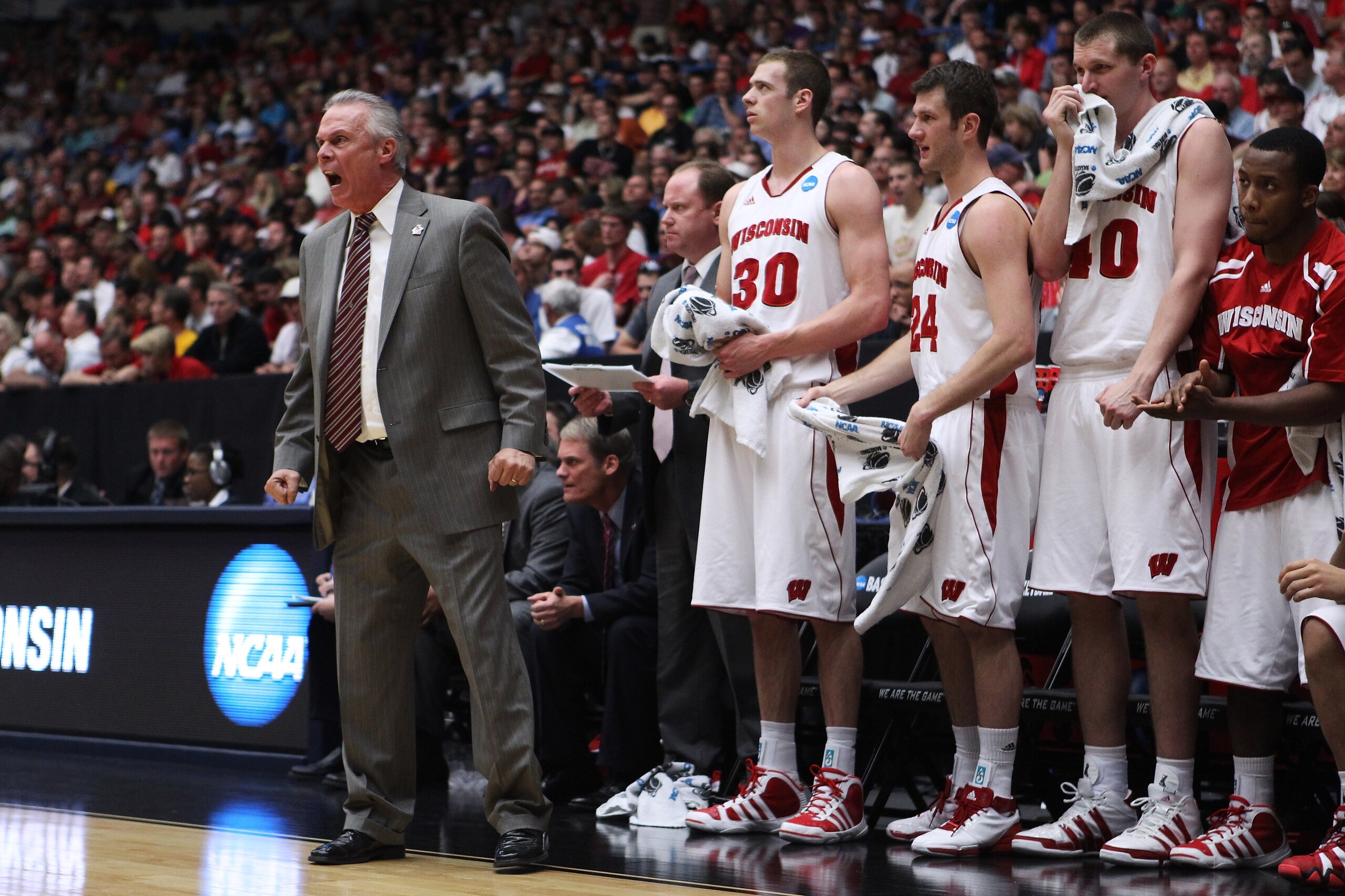 TUCSON, AZ - MARCH 19:  Head coach Bo Ryan of the Wisconsin Badgers coaches his team against the Kansas State Wildcats in the third round of the 2011 NCAA men's basketball tournament at McKale Center on March 19, 2011 in Tucson, Arizona.  (Photo by Christ