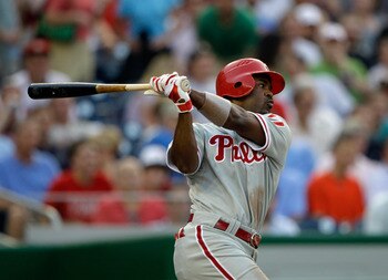 WASHINGTON, DC - MAY 31:  Jimmy Rollins #11 of the Philadelphia Phillies at the plate against the Washington Nationals at Nationals Park on May 31, 2011 in Washington, DC. The Braves won 2-0. (Photo by Rob Carr/Getty Images)