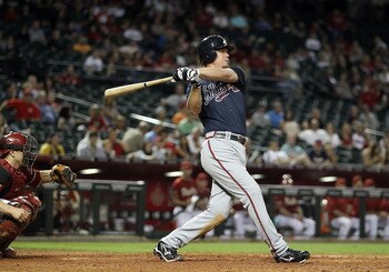 PHOENIX, AZ - MAY 18:  Chipper Jones #10 of the Atlanta Braves bats against the Arizona Diamondbacks during the Major League Baseball game at Chase Field on May 18, 2011 in Phoenix, Arizona.  The Diamondbacks defeated the Braves 5-4 in eleven innings.  (P