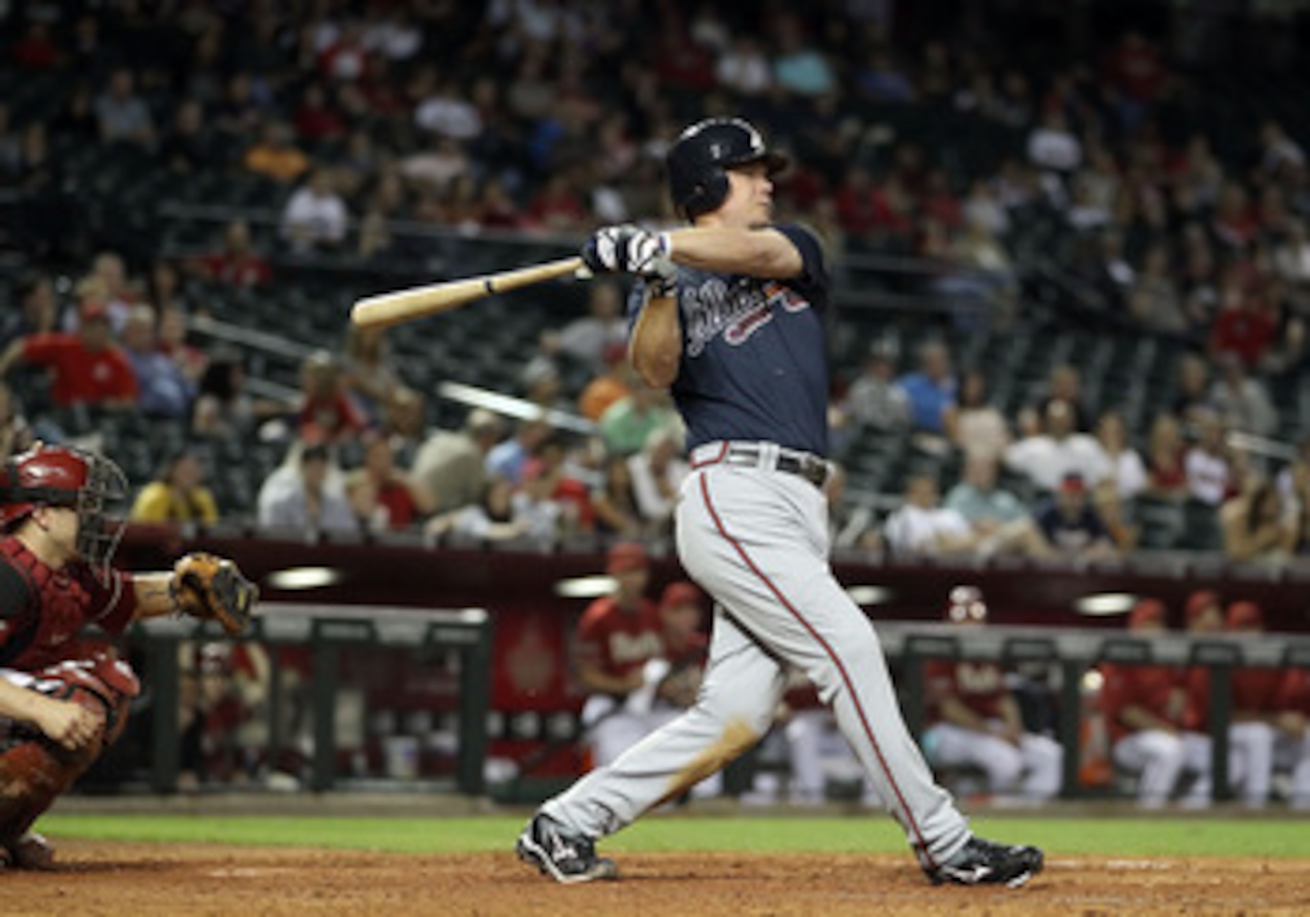 PHOENIX, AZ - MAY 18: Chipper Jones #10 of the Atlanta Braves bats against the Arizona Diamondbacks during the Major League Baseball game at Chase Field on May 18, 2011 in Phoenix, Arizona. The Diamondbacks defeated the Braves 5-4 in eleven innings. (P PHOENIX, AZ - MAY 18: Chipper Jones #10 of the Atlanta Braves bats against the Arizona Diamondbacks during the Major League Baseball game at Chase Field on May 18, 2011 in Phoenix, Arizona. The Diamondbacks defeated the Braves 5-4 in eleven innings. (P