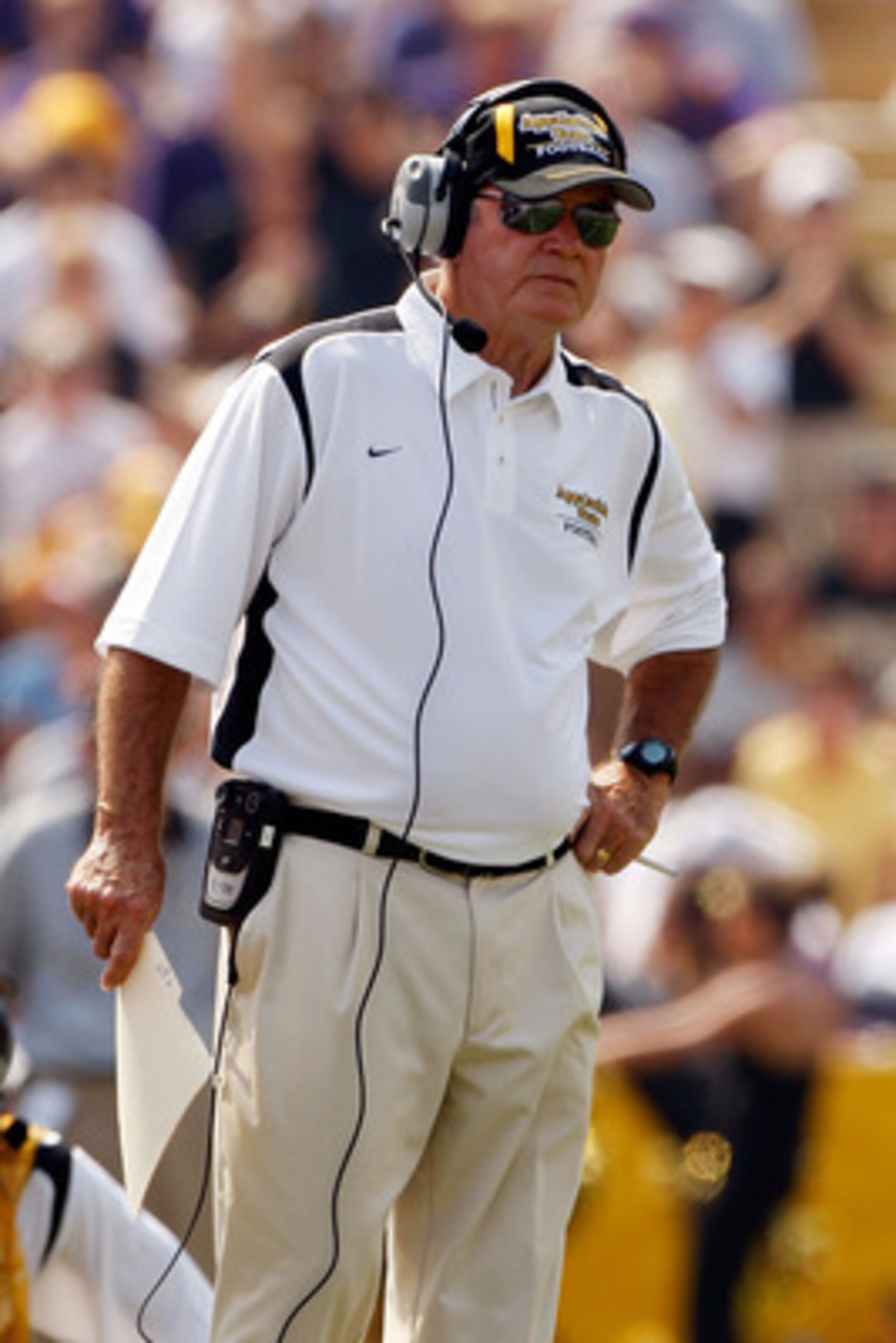BATON ROUGE, LA - AUGUST 30:  Head coach Jerry Moore of the Appalachian State Mountaineers watches a play against the Louisiana State University Tigers on August 30, 2008 at Tiger Stadium in Baton Rouge, Louisiana.  (Photo by Chris Graythen/Getty Images)