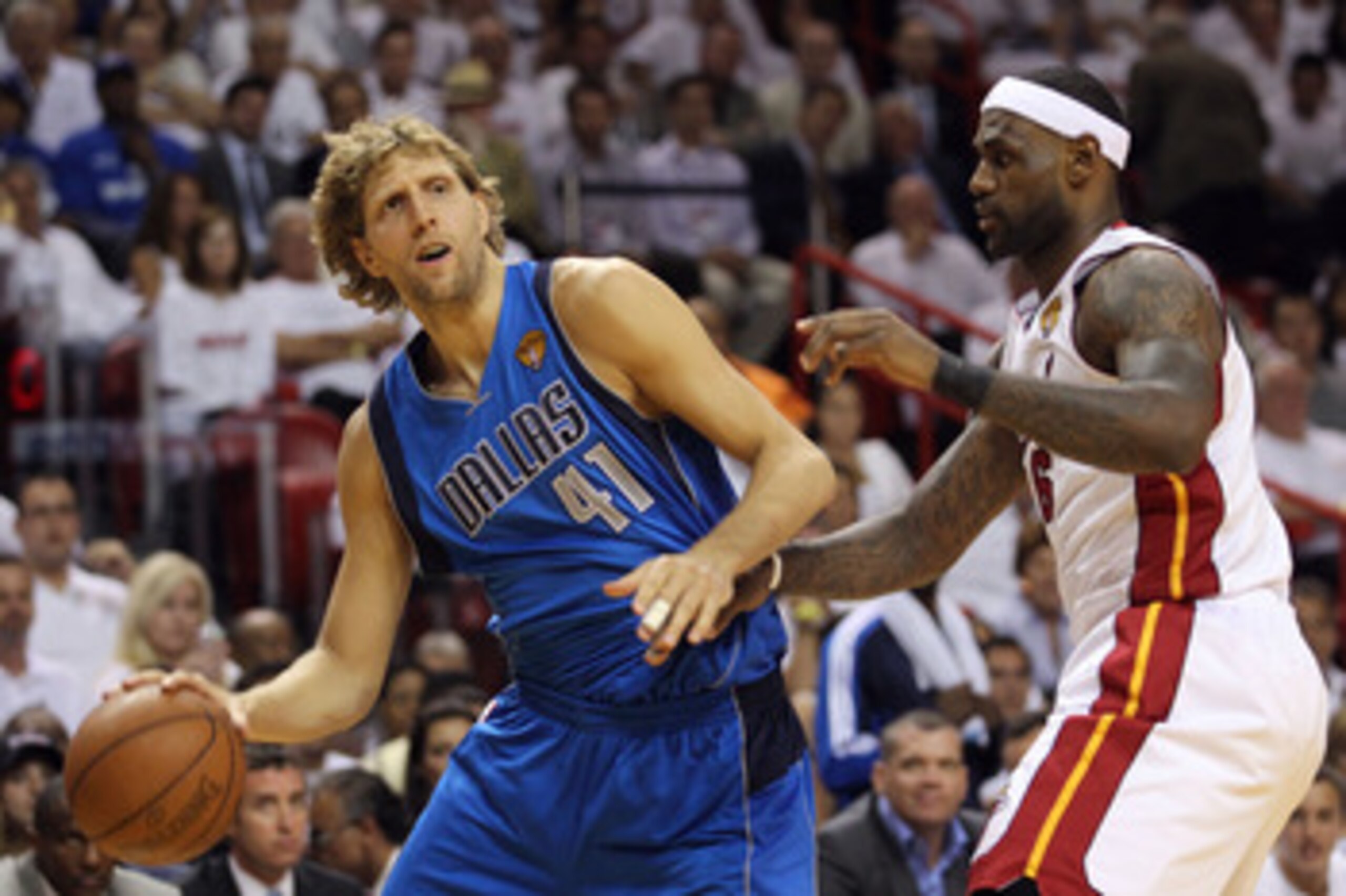 MIAMI, FL - JUNE 02:  Dirk Nowitzki #41 of the Dallas Mavericks drives on LeBron James #6 of the Miami Heat in the first quarter in Game Two of the 2011 NBA Finals at American Airlines Arena on June 2, 2011 in Miami, Florida. NOTE TO USER: User expressly
