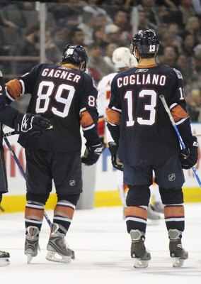 EDMONTON, AB - SEPTEMBER 30:  Known as the kid line, are Robert Nilsson #12, Sam Gagner #89 and Andrew Cogliano #13 of the Edmonton Oilers skate in a game against the Calgary Flames in the third period during a preseason NHL game on September 30, 2008 at 