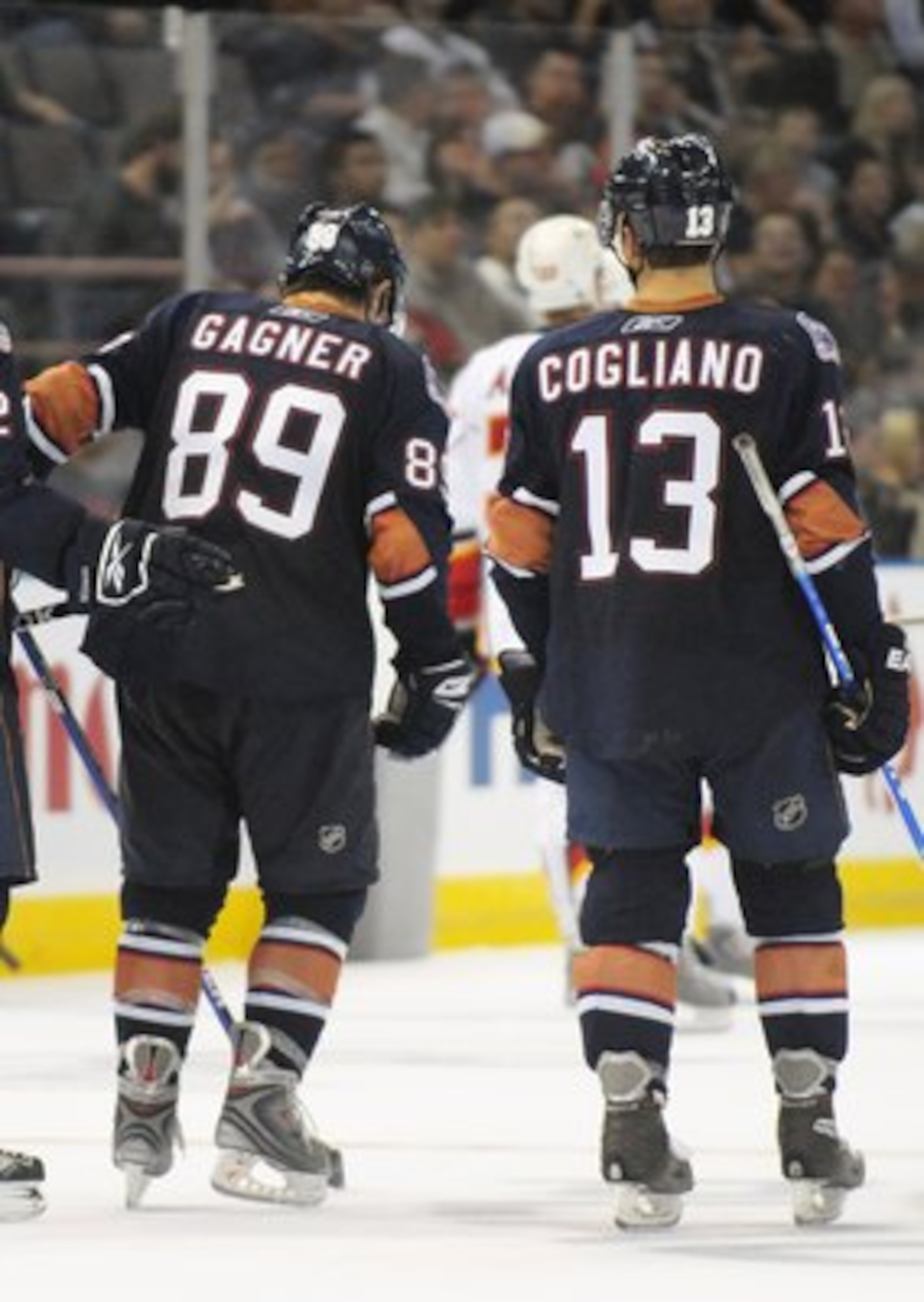 EDMONTON, AB - SEPTEMBER 30: Known as the kid line, are Robert Nilsson #12, Sam Gagner #89 and Andrew Cogliano #13 of the Edmonton Oilers skate in a game against the Calgary Flames in the third period during a preseason NHL game on September 30, 2008 at EDMONTON, AB - SEPTEMBER 30: Known as the kid line, are Robert Nilsson #12, Sam Gagner #89 and Andrew Cogliano #13 of the Edmonton Oilers skate in a game against the Calgary Flames in the third period during a preseason NHL game on September 30, 2008 at