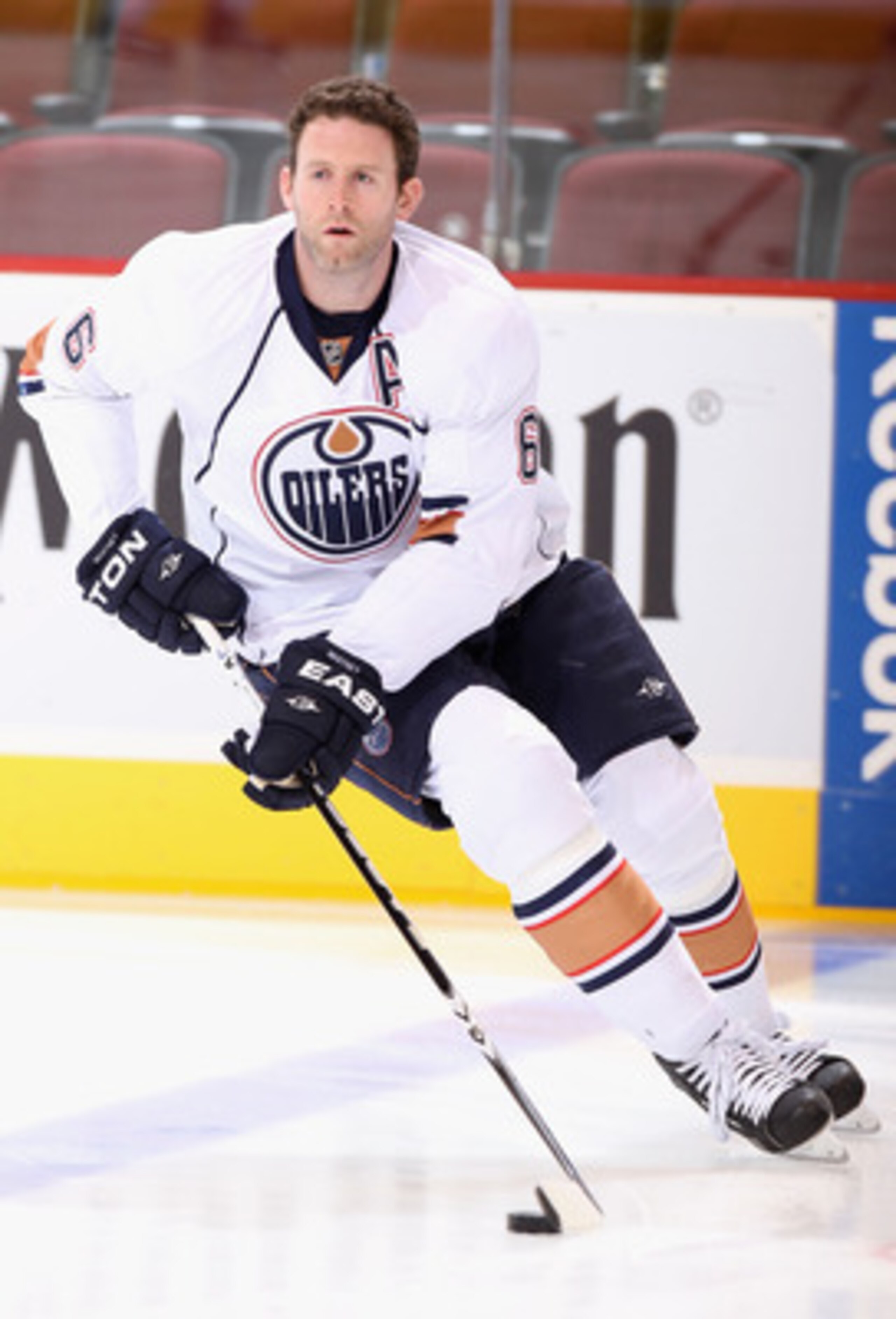 GLENDALE, AZ - NOVEMBER 23: Ryan Whitney #6 of the Edmonton Oilers warms up before the NHL game against the Phoenix Coyotes at Jobing.com Arena on November 23, 2010 in Glendale, Arizona. The Coyotes defeated the Oilers 5-0. (Photo by Christian Petersen GLENDALE, AZ - NOVEMBER 23: Ryan Whitney #6 of the Edmonton Oilers warms up before the NHL game against the Phoenix Coyotes at Jobing.com Arena on November 23, 2010 in Glendale, Arizona. The Coyotes defeated the Oilers 5-0. (Photo by Christian Petersen
