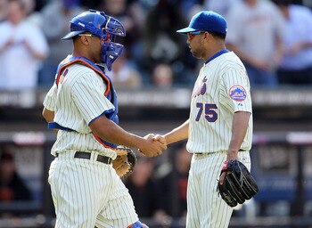 NEW YORK, NY - MAY 05:  Francisco Rodriguez #75 and Ronny Paulino #9 of the New York Mets celebrate after defeating the San Francisco Giants on May 5, 2011 at Citi Field in the Flushing neighborhood of the Queens borough of New York City. The Mets defeate