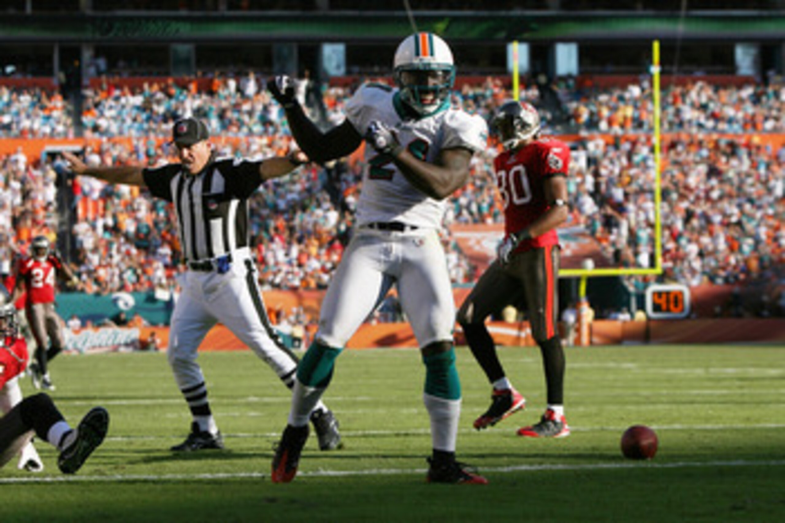MIAMI GARDENS, FL - NOVEMBER 15:   Cornerback Vontae Davis #21 of the Miami Dolphins celebrates after breaking up a pass intended for wide receiver Maurice Stovall #85 of the Tampa Bay Buccaneers at Land Shark Stadium on November 15, 2009 in Miami Gardens
