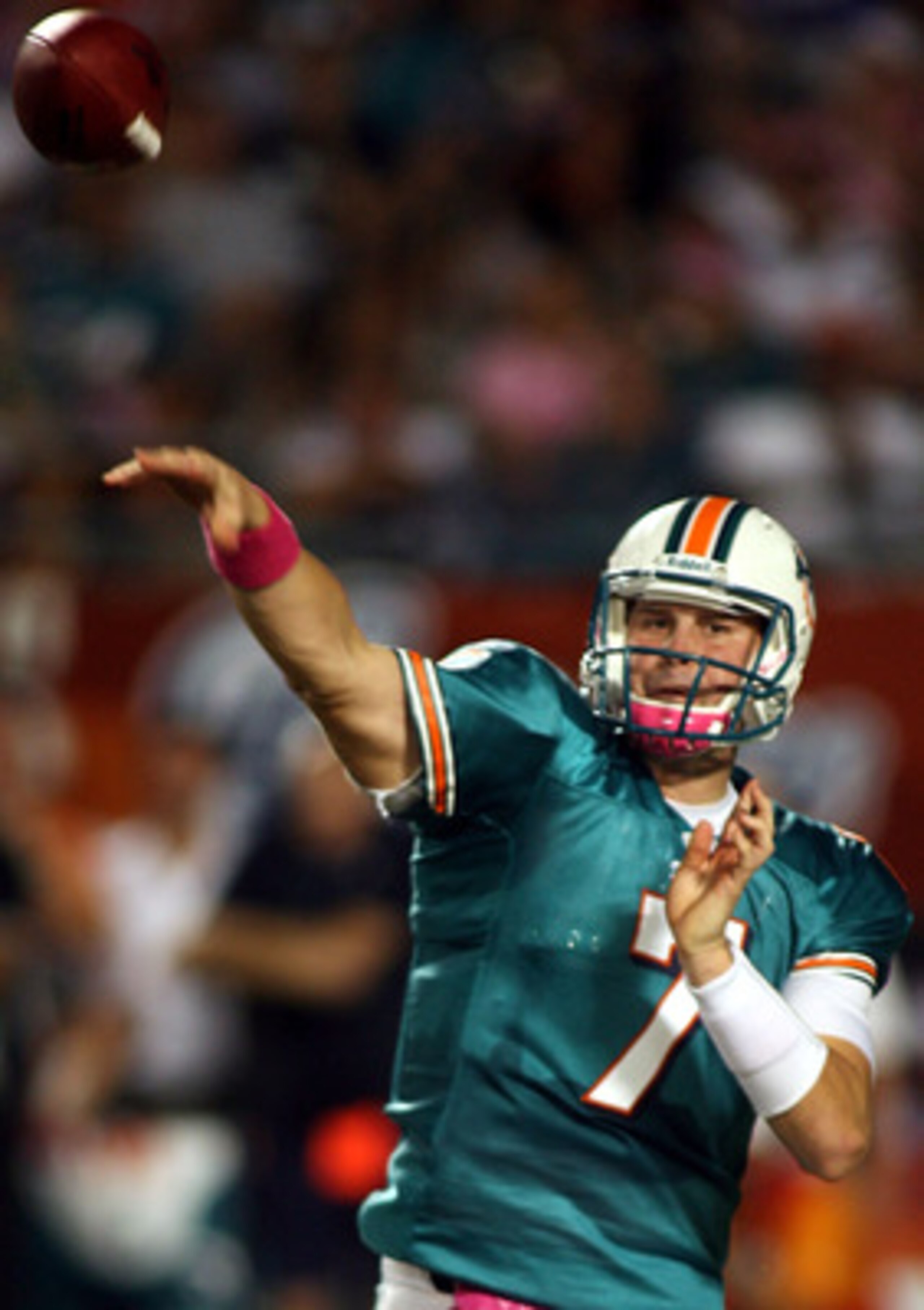 MIAMI - OCTOBER 04:  Quarterback Chad Henne #7 of the Miami Dolphins throws against the New England Patriots at Sun Life Stadium on October 4, 2010 in Miami, Florida.  (Photo by Marc Serota/Getty Images)