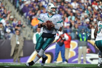 BALTIMORE, MD - NOVEMBER 7:  Chad Henne #7 of the Miami Dolphins looks for a receiver during the game against the Baltimore Ravens at M&T Bank Stadium on November 7, 2010 in Baltimore, Maryland. The Ravens defeated the Dolphins 26-10. (Photo by Larry Fren