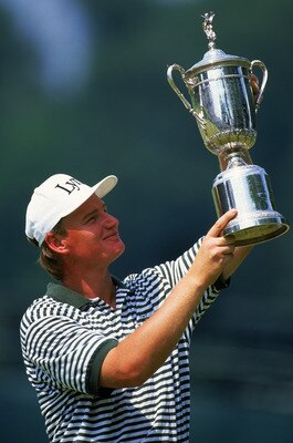 OAKMONT - 20 JUNE:  Ernie Els of South Africa lifts the trophy after victory in the US Open at Oakmont Country Club in Pennsylvania, USA on June 20, 1994. (photo by David Cannon/Getty Images)