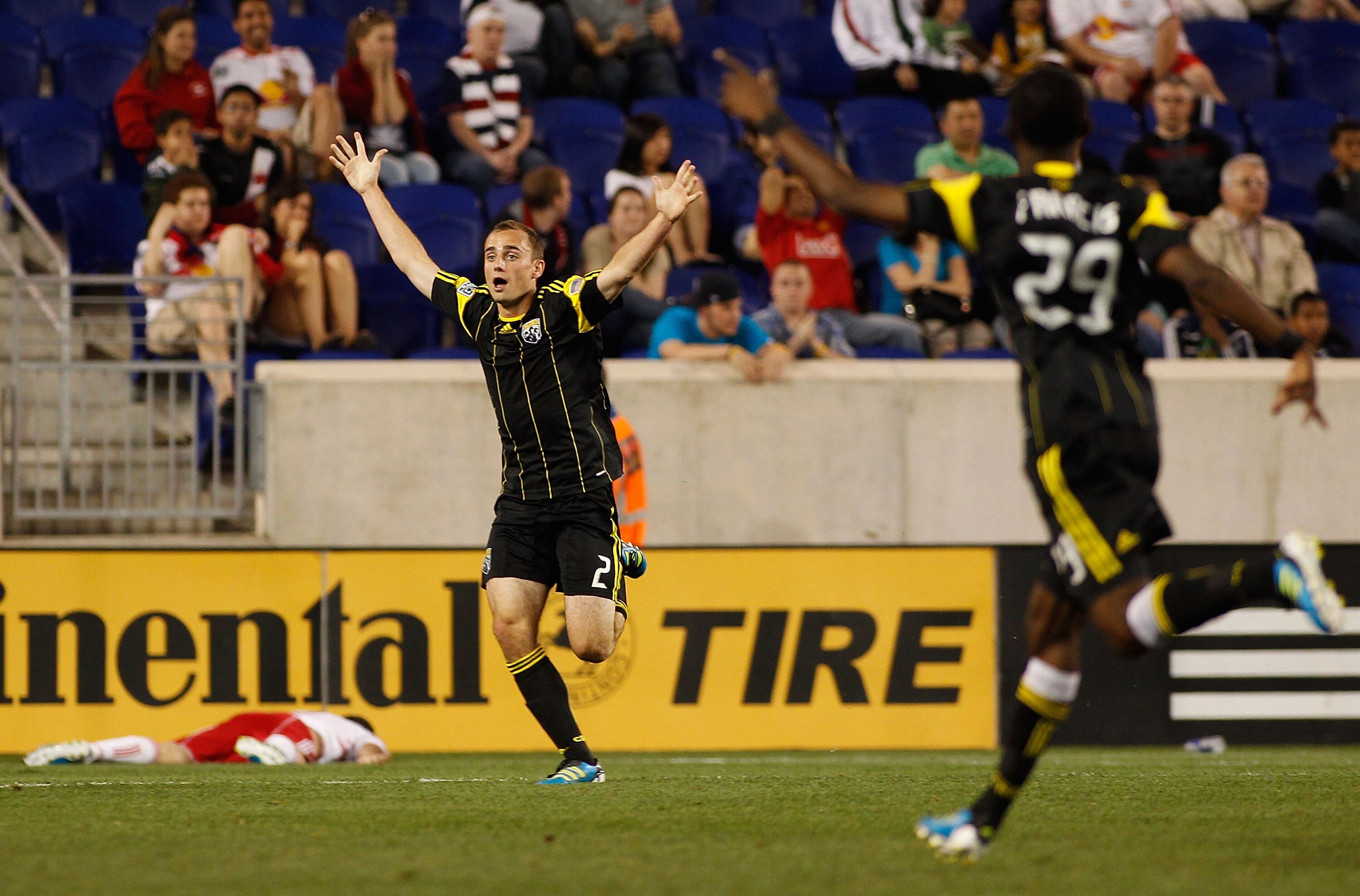HARRISON, NJ - JUNE 04:  Rich Balchan #2 of the Columbus Crew celebrates after scoring the game tying goal in extra time against the New York Red Bulls on June 4, 2011 at Red Bull Arena in Harrison, New Jersey.  The Red Bulls and the Crew play to a 1-1 dr
