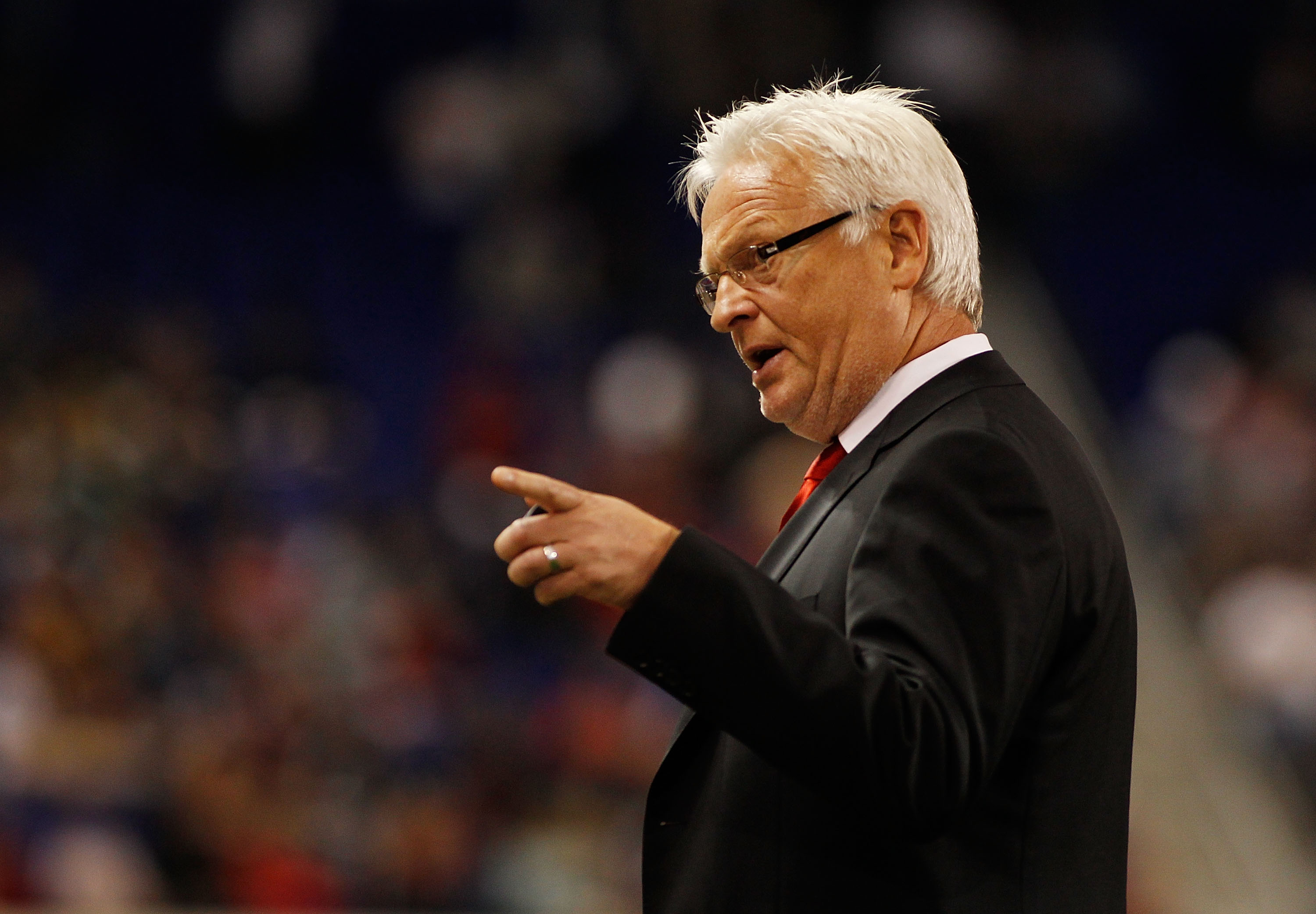 HARRISON, NJ - JUNE 04:  head coach Hans Backe of the New York Red Bulls  looks on from the bench against the Columbus Crew on June 4, 2011 at Red Bull Arena in Harrison, New Jersey. The Red Bulls and the Crew play to a 1-1 draw.  (Photo by Mike Stobe/Get