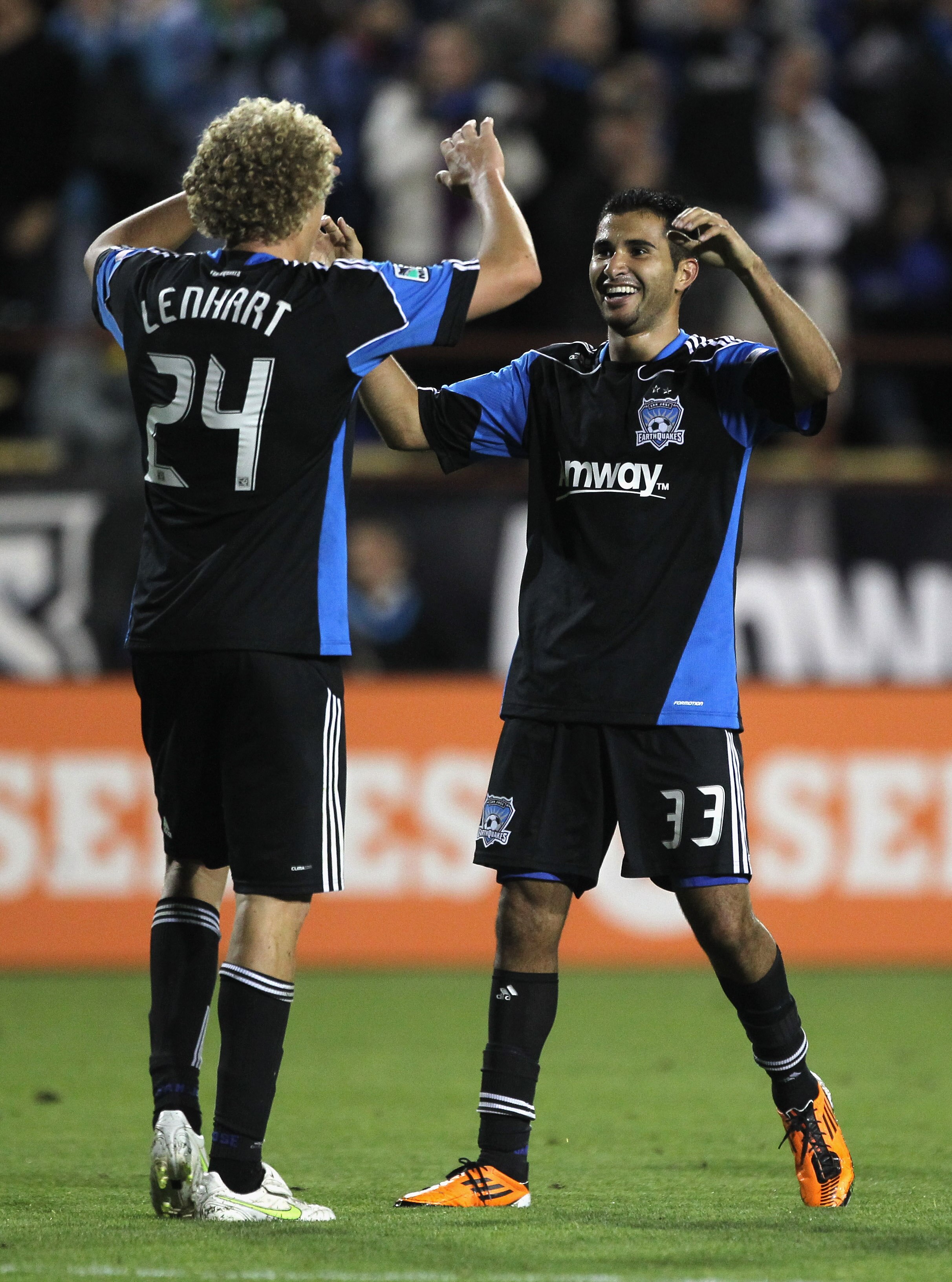SANTA CLARA, CA - JUNE 04:  Steven Lenhart #24 of the San Jose Earthquakes is congratulated by Steven Beitashour #33 of the San Jose Earthquakes after he scored a goal against the Houston Dynamo at Buck Shaw Stadium on June 4, 2011 in Santa Clara, Califor