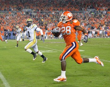 TAMPA, FL - DECEMBER 5: Running C. J. Spiller #28 of the Clemson Tigers runs 41-yards for a second-quarter touchdown against the Georgia Tech Yellow Jackets in the 2009 ACC Football Championship Game December 5, 2009 at Raymond James Stadium in Tampa, F TAMPA, FL - DECEMBER 5: Running C. J. Spiller #28 of the Clemson Tigers runs 41-yards for a second-quarter touchdown against the Georgia Tech Yellow Jackets in the 2009 ACC Football Championship Game December 5, 2009 at Raymond James Stadium in Tampa, F