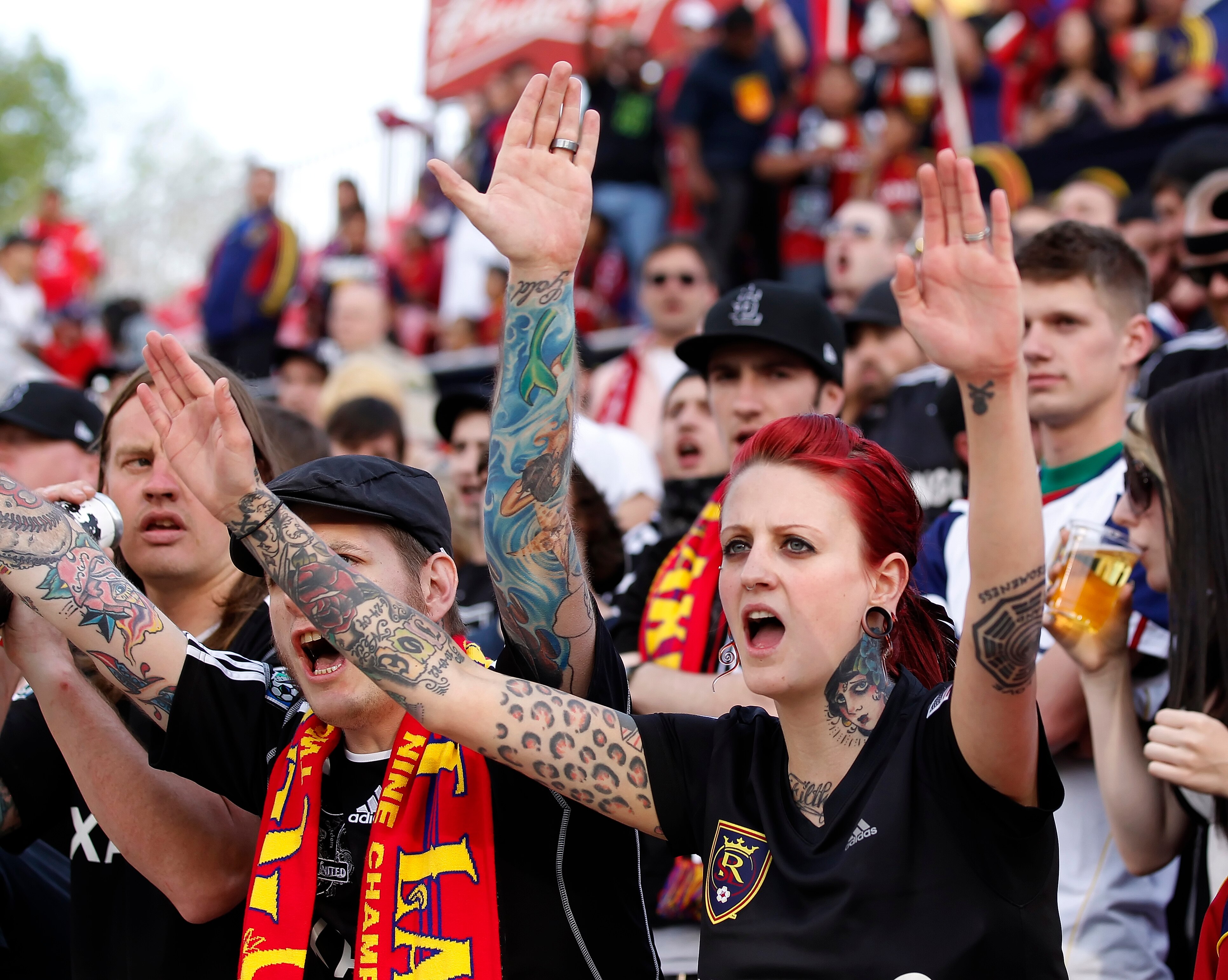 SANDY, UT - JUNE 4: Fans of Real Salt Lake cheer during a game against the Vancouver Whitecaps during the first half of an MLS soccer game June 4, 2011 at Rio Tinto Stadium in Sandy, Utah. Real beat the Whitecaps 2-0. (Photo by George Frey/Getty Images)