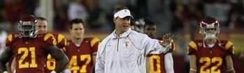 LOS ANGELES, CA - SEPTEMBER 11:  Head coach Lane Kiffin gestures as the USC Trojans warm up for their game with the Virginia Cavaliers at Los Angeles Memorial Coliseum on September 11, 2010 in Los Angeles, California.  (Photo by Stephen Dunn/Getty Images)