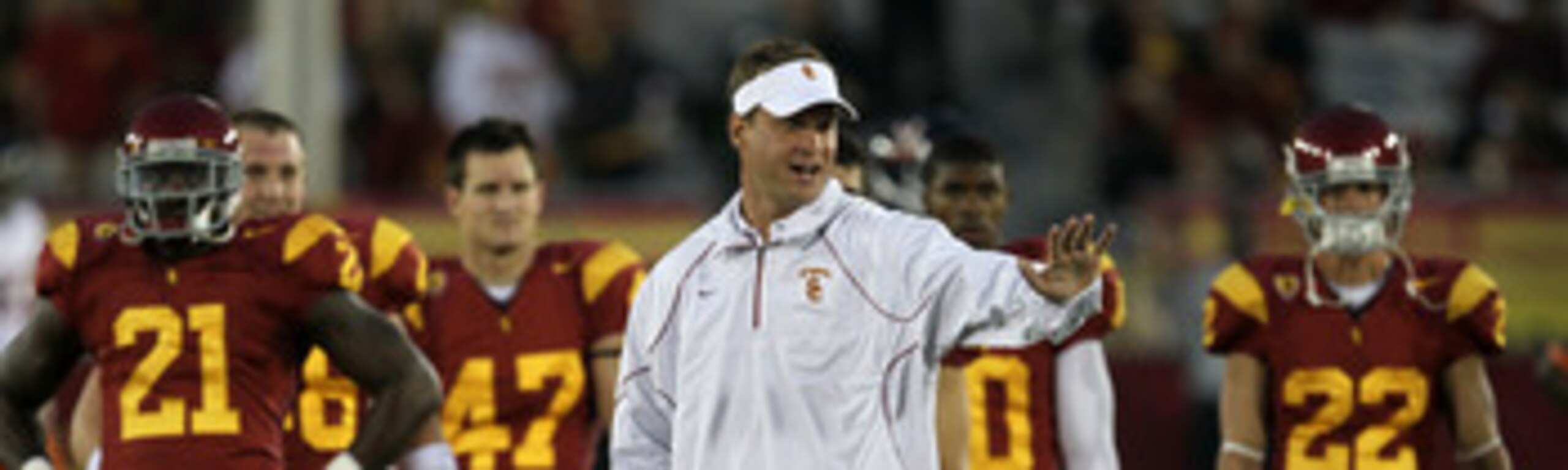 LOS ANGELES, CA - SEPTEMBER 11:  Head coach Lane Kiffin gestures as the USC Trojans warm up for their game with the Virginia Cavaliers at Los Angeles Memorial Coliseum on September 11, 2010 in Los Angeles, California.  (Photo by Stephen Dunn/Getty Images)
