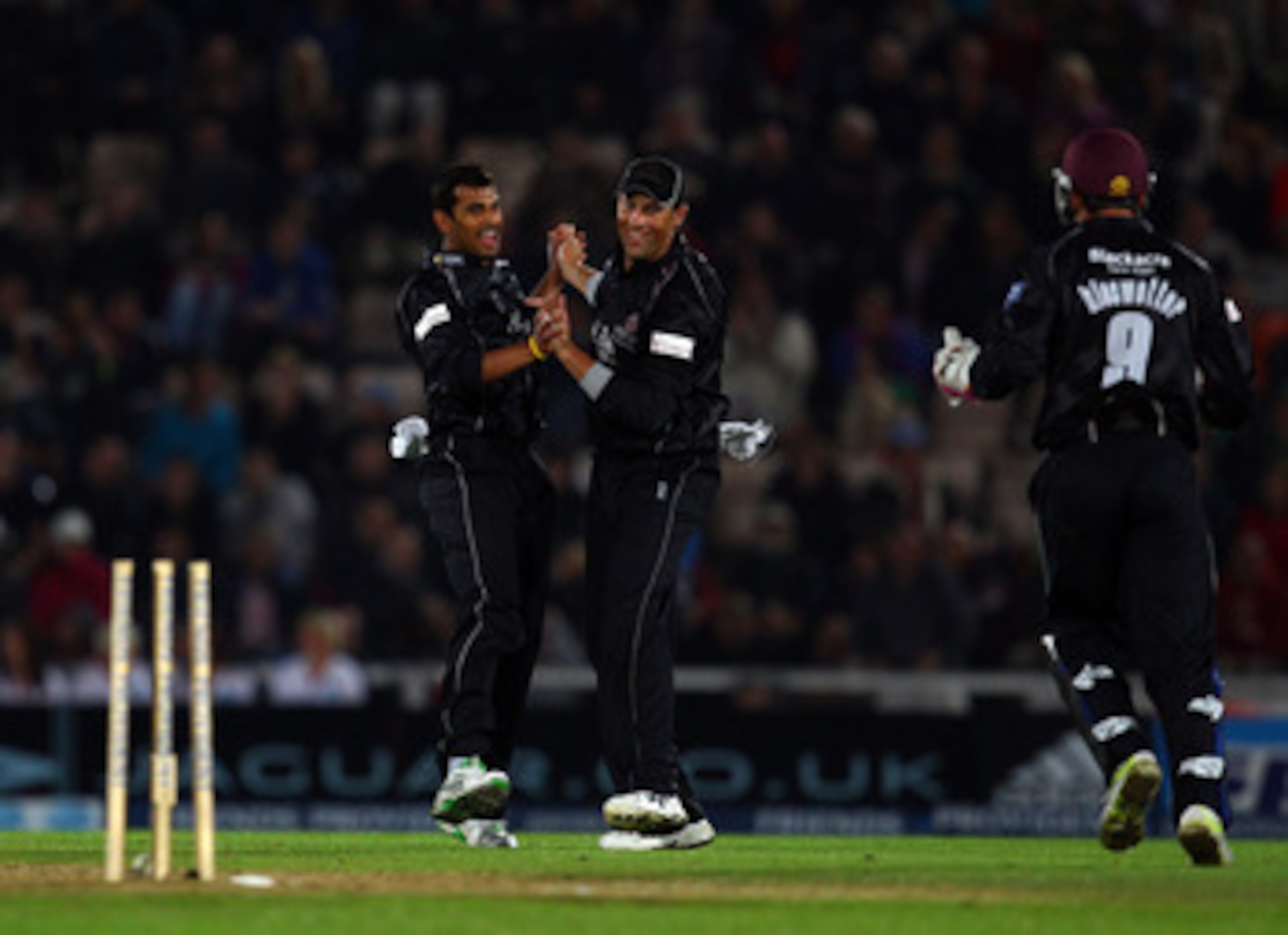 SOUTHAMPTON, ENGLAND - AUGUST 14:  Arul Suppiah of Somerset celebrates bowling out Jimmy Adams of Hampshire during the Friends Provident T20 Final between Hampshire Royals and Somerset at The Rose Bowl on August 14, 2010 in Southampton, England.  (Photo b