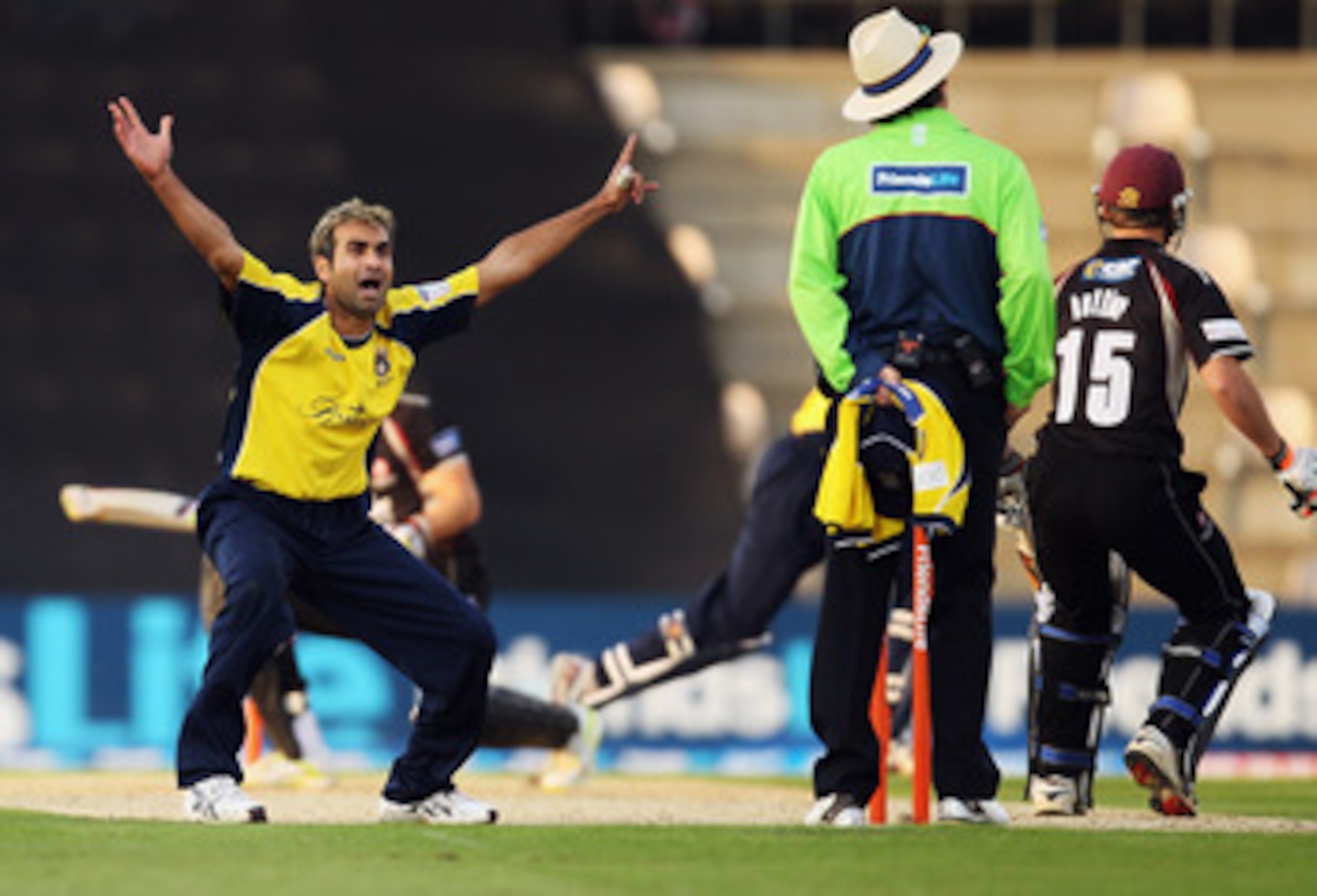 SOUTHAMPTON, ENGLAND - JUNE 01: Imran Tahir of Hampshire appeals to the umpire during the Friends Life T20 match between Hampshire and Somerset at The Rose Bowl on June 1, 2011 in Southampton, England. (Photo by Bryn Lennon/Getty Images)