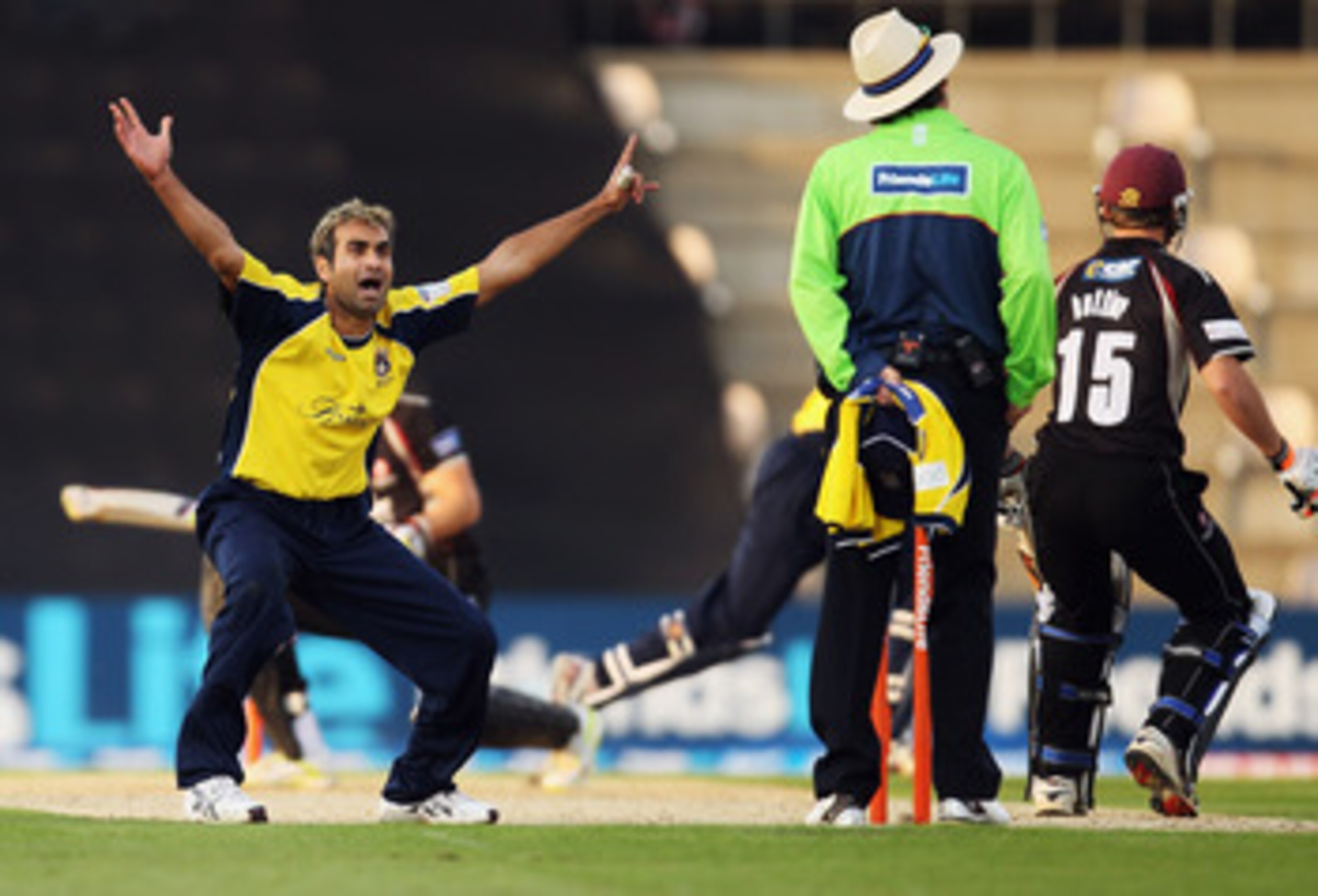 SOUTHAMPTON, ENGLAND - JUNE 01: Imran Tahir of Hampshire appeals to the umpire during the Friends Life T20 match between Hampshire and Somerset at The Rose Bowl on June 1, 2011 in Southampton, England. (Photo by Bryn Lennon/Getty Images)