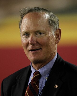LOS ANGELES - SEPTEMBER 11:   USC Trojans athletic director Pat Haden looks on during the game with the Virginia Cavaliers at Los Angeles Memorial Coliseum on September 11, 2010 in Los Angeles, California. USC won 17-14.  (Photo by Stephen Dunn/Getty Imag