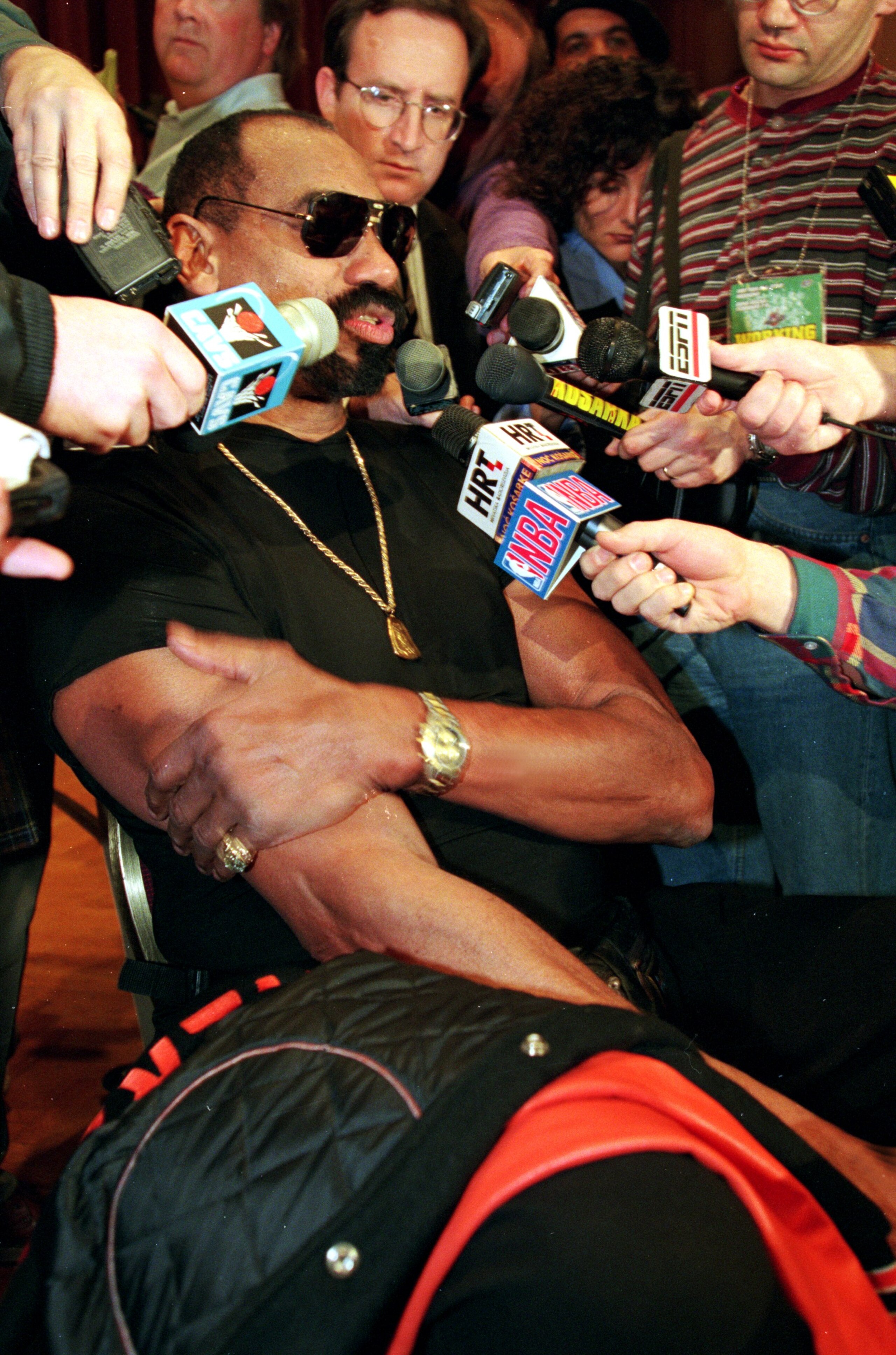 7 Feb 1997: Former Los Angeles Laker Wilt Chamberlain addresses the media at a press conference before the NBA All-Star Game at the Renaissance Hotel in Cleveland, Ohio. Mandatory Credit: Brian Bahr /Allsport 7 Feb 1997: Former Los Angeles Laker Wilt Chamberlain addresses the media at a press conference before the NBA All-Star Game at the Renaissance Hotel in Cleveland, Ohio. Mandatory Credit: Brian Bahr /Allsport