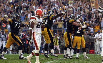 PITTSBURGH - SEPTEMBER 29:  Todd Peterson #2 of the Pittsburgh Steelers is surrounded by teammates after he made a field goal in overtime to give the Steelers a 16-13 win over the Cleveland Browns on September 29, 2002 at Heinz Field in Pittsburgh, Pennsy
