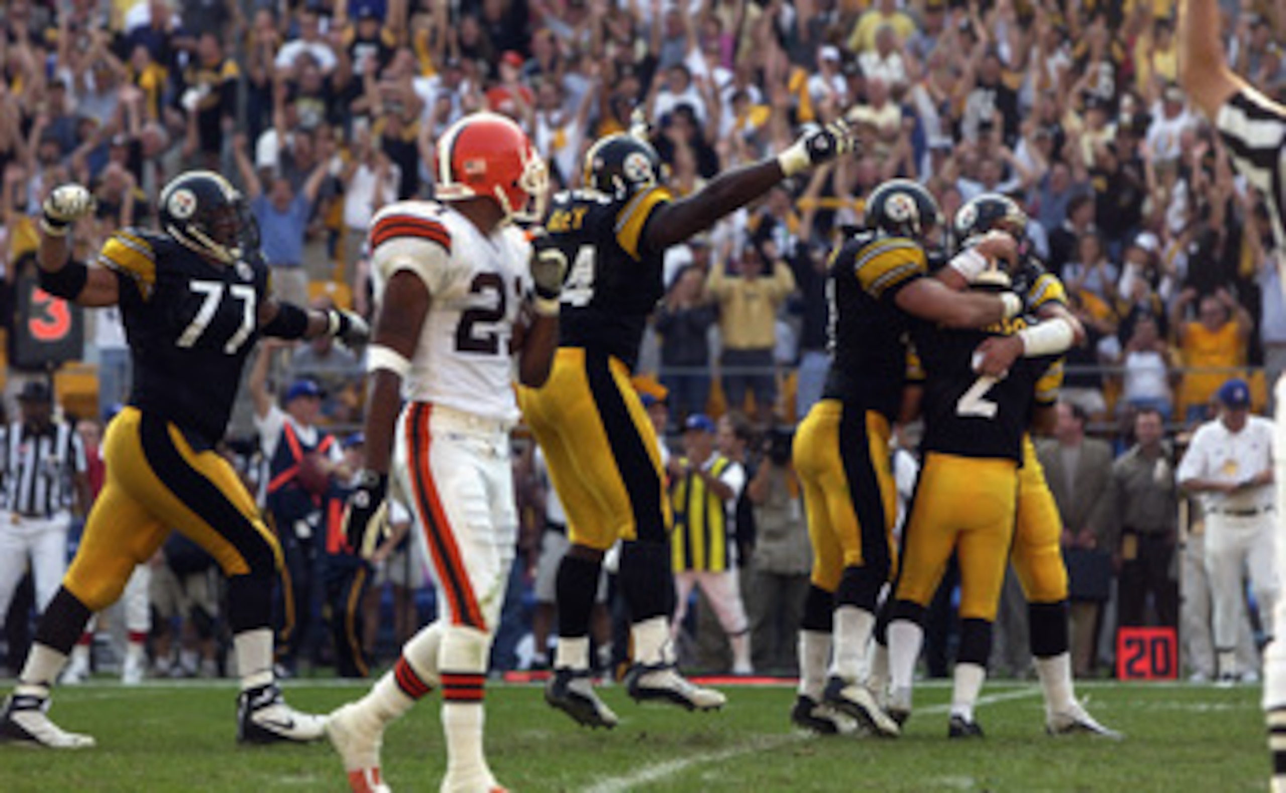 PITTSBURGH - SEPTEMBER 29:  Todd Peterson #2 of the Pittsburgh Steelers is surrounded by teammates after he made a field goal in overtime to give the Steelers a 16-13 win over the Cleveland Browns on September 29, 2002 at Heinz Field in Pittsburgh, Pennsy