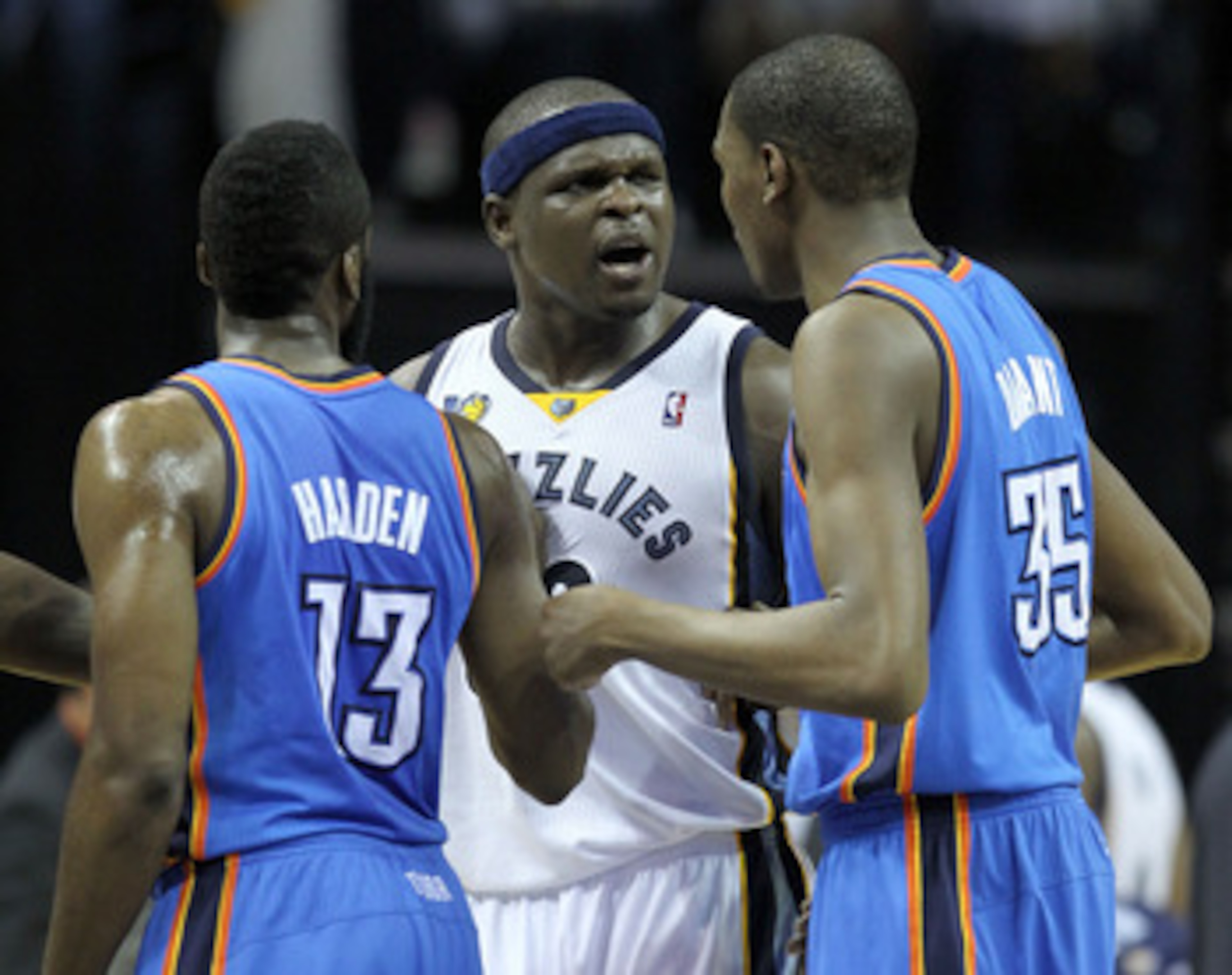 MEMPHIS, TN - MAY 07:  Zach Randolph #50 of the Memphis Grizzlies has a few words with James Harden #13 and Kevin Durant #35 of the Oklahoma City Thunder in Game Three of the Western Conference Semifinals in the 2011 NBA Playoffs at FedExForum on May 7, 2