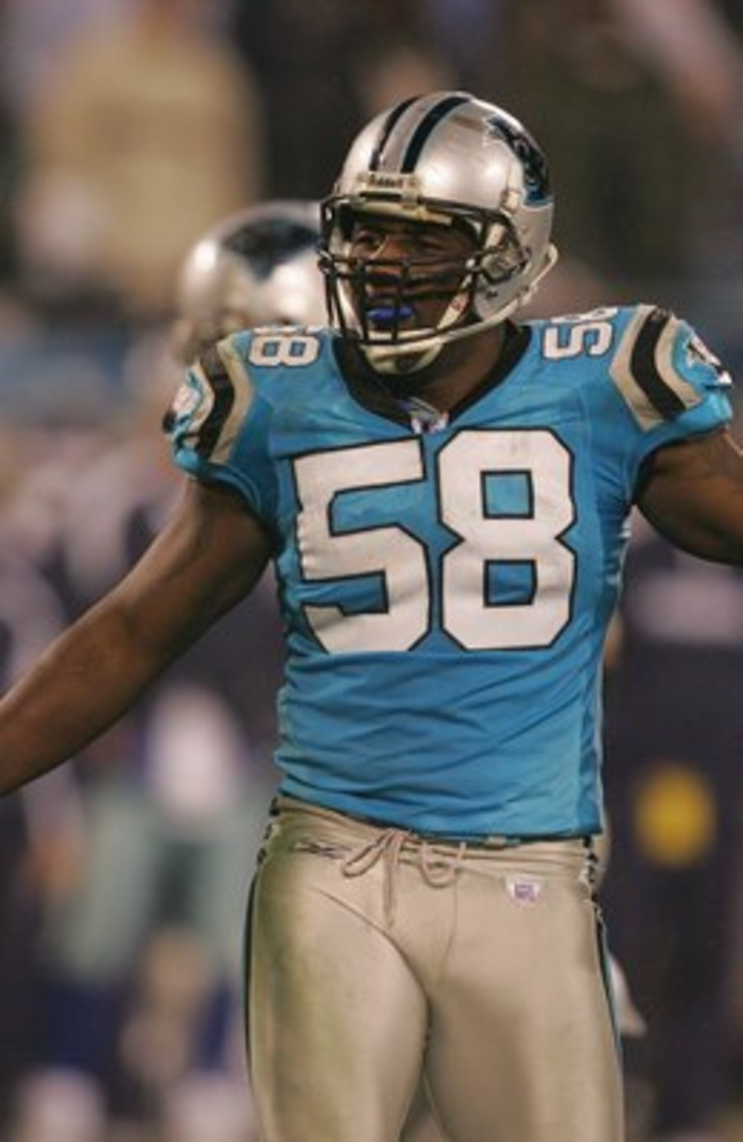 CHARLOTTE, NC - DECEMBER 22:  Thomas Davis #58 of the Carolina Panthers reacts after a play against the Dallas Cowboys during their game at Bank of America Stadium on December 22, 2007 in Charlotte, North Carolina. (Photo by Streeter Lecka/Getty Images)