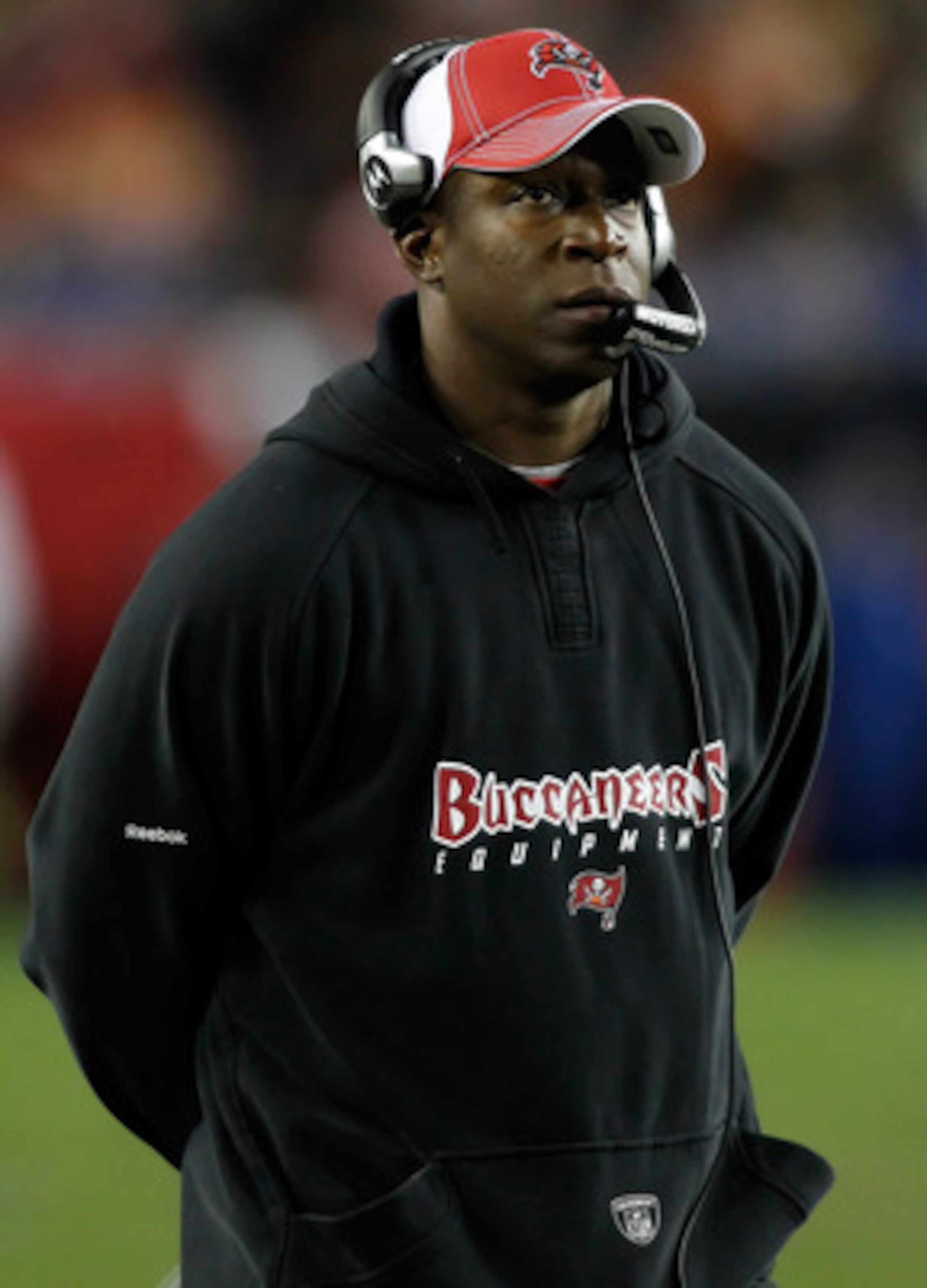 TAMPA, FL - DECEMBER 26:  Head coach Raheem Morris of the Tampa Bay Buccaneers directs his team against the Seattle Seahawks during the game at Raymond James Stadium on December 26, 2010 in Tampa, Florida.  (Photo by J. Meric/Getty Images)