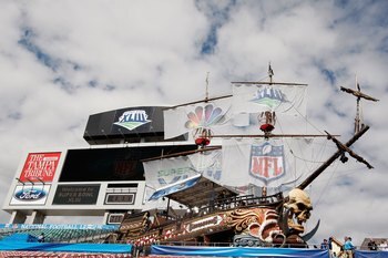 TAMPA, FL - FEBRUARY 01:  The scoreboard and giant pirate ship are seen in the endzone during Super Bowl XLIII on February 1, 2009 at Raymond James Stadium in Tampa, Florida.  (Photo by Al Bello/Getty Images)