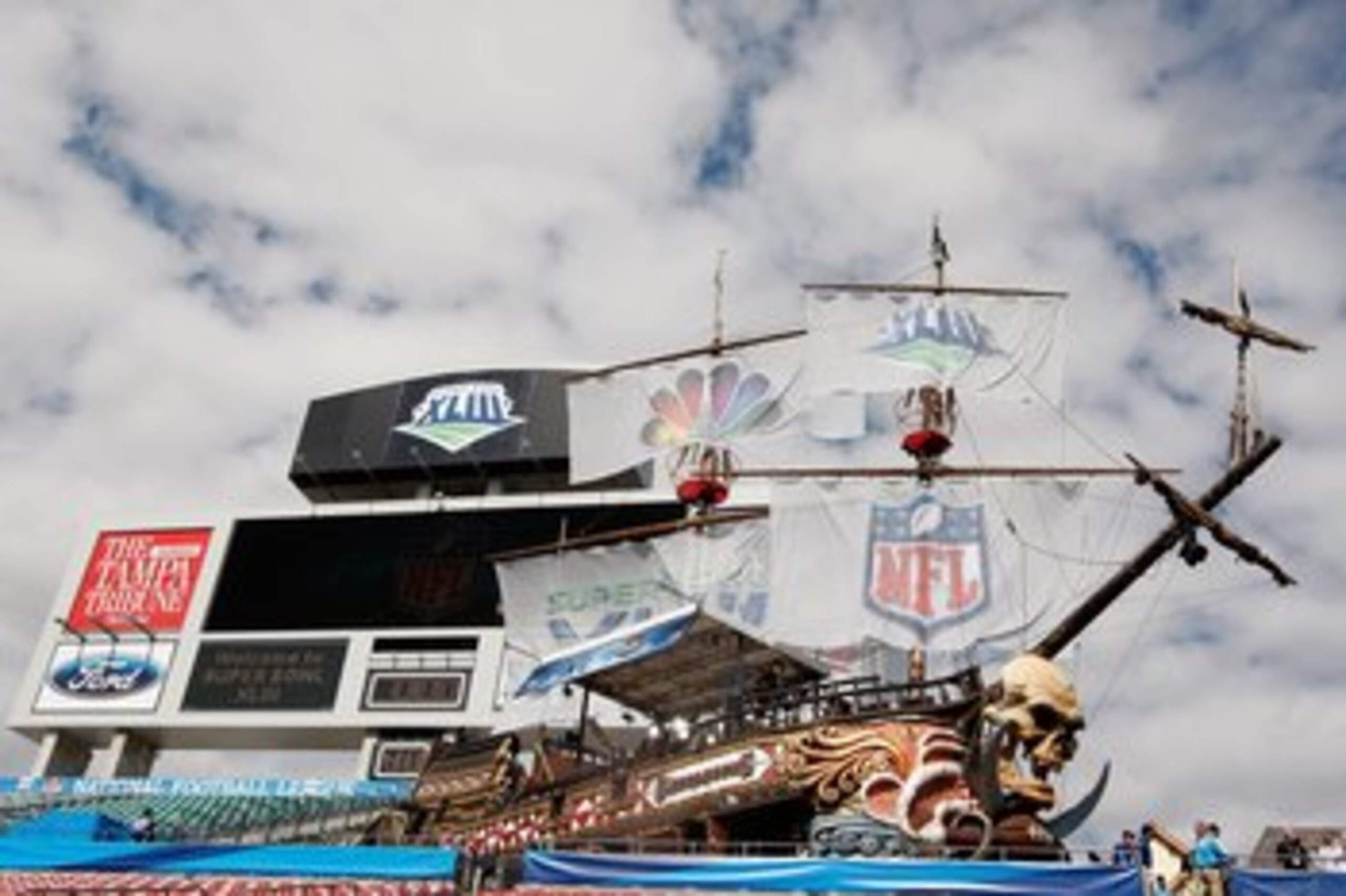 TAMPA, FL - FEBRUARY 01:  The scoreboard and giant pirate ship are seen in the endzone during Super Bowl XLIII on February 1, 2009 at Raymond James Stadium in Tampa, Florida.  (Photo by Al Bello/Getty Images)